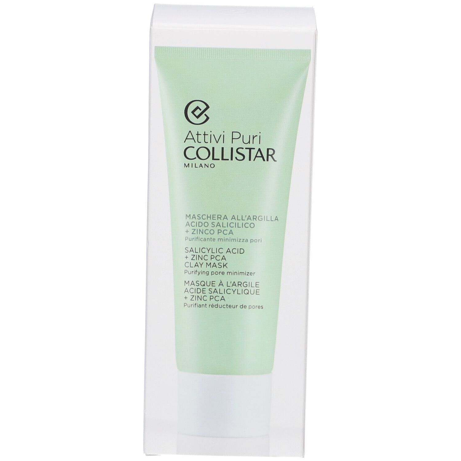 Tube vert dans un emballage transparent. Texte : Maschera all'Argilla, Acido Salicilico + Zinco PCA. Marque : Collistar.