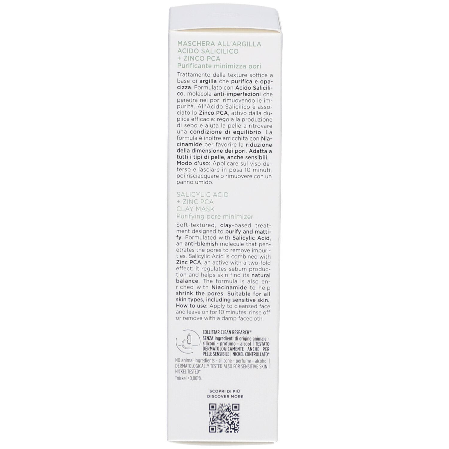 Emballage du produit, vue détaillée. Texte : Instructions d'utilisation et ingrédients. Marque : Collistar.