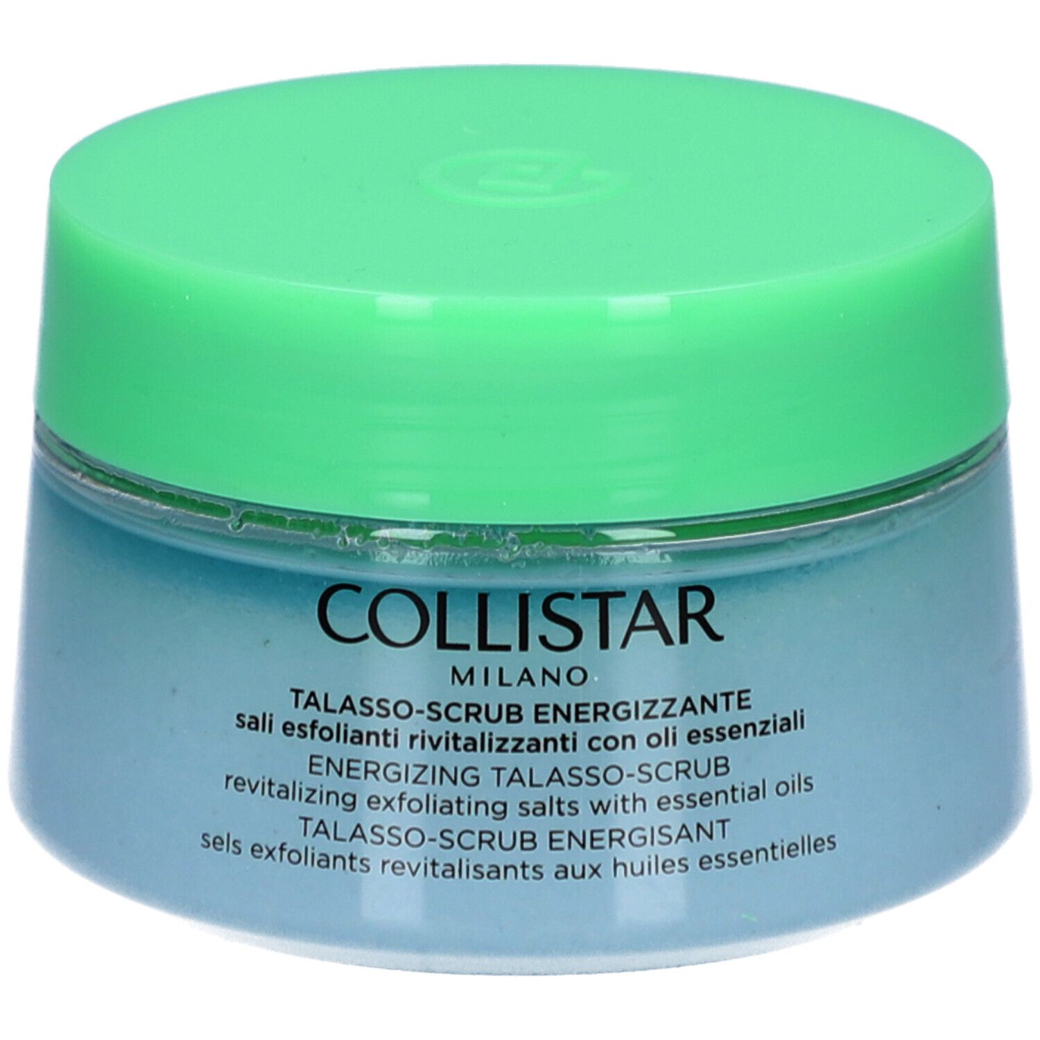 Blaues Glas mit grünem Deckel. Aufschrift: COLLISTAR, TALASSO-SCRUB ENERGIZZANTE.