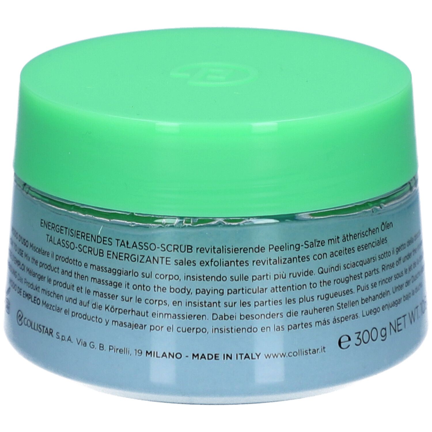 Blaues Glas mit grünem Deckel. Text auf Italienisch und Englisch. Nettogewicht: 300g.