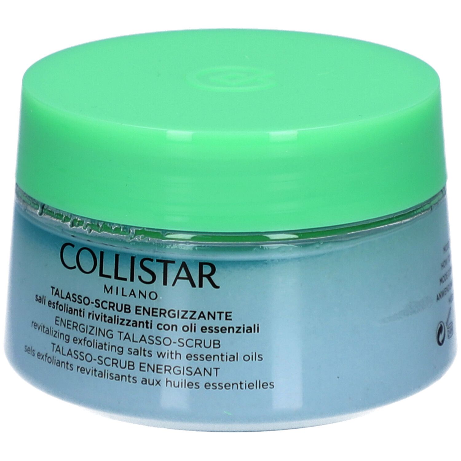 Blaues Glas mit grünem Deckel. Aufschrift: COLLISTAR, TALASSO-SCRUB ENERGIZZANTE.