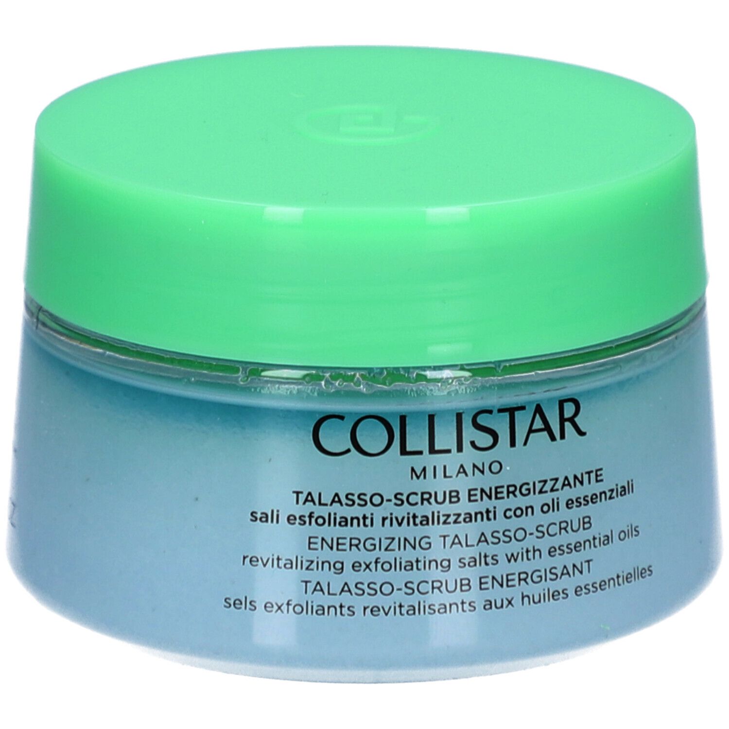 Blaues Glas mit grünem Deckel. Aufschrift: COLLISTAR, TALASSO-SCRUB ENERGIZZANTE.