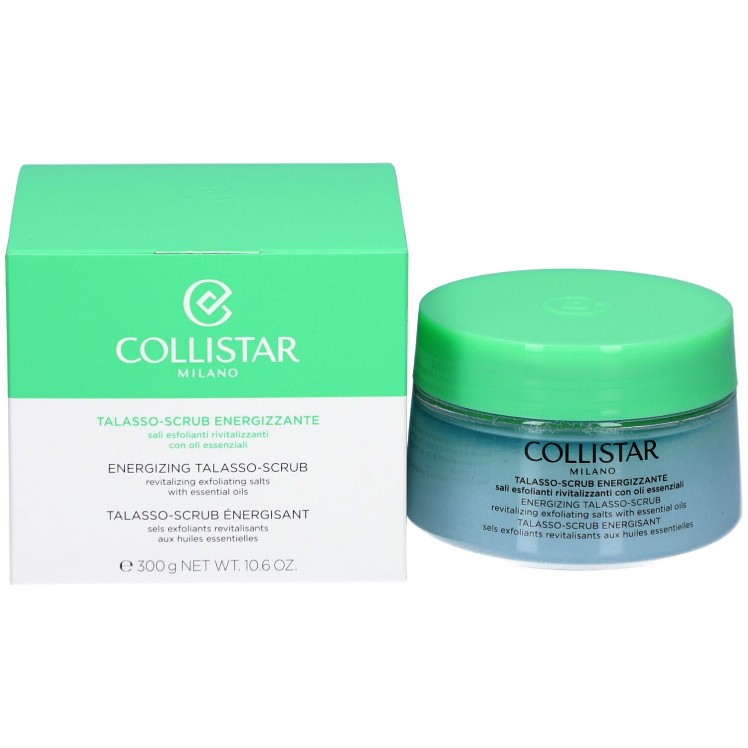 Produktverpackung mit grünem Deckel und Box. Aufschrift: COLLISTAR, TALASSO-SCRUB ENERGIZZANTE.