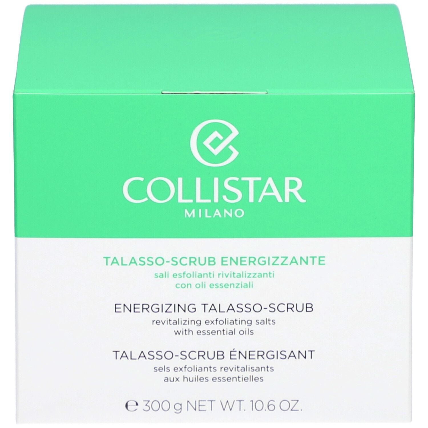 Grüne Box. Aufschrift: COLLISTAR, TALASSO-SCRUB ENERGIZZANTE. Nettogewicht: 300g.