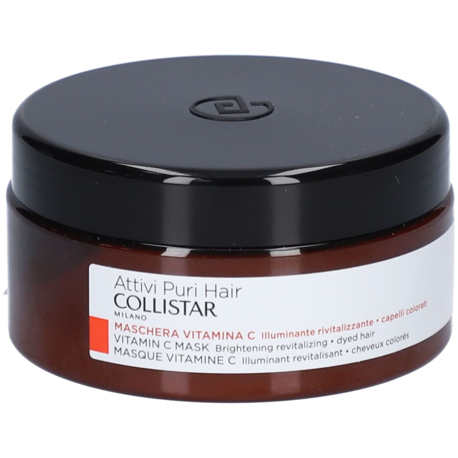 Braune Dose mit schwarzem Deckel. Aufkleber mit Text: Collistar Masque Vitamin C. Für coloriertes Haar.