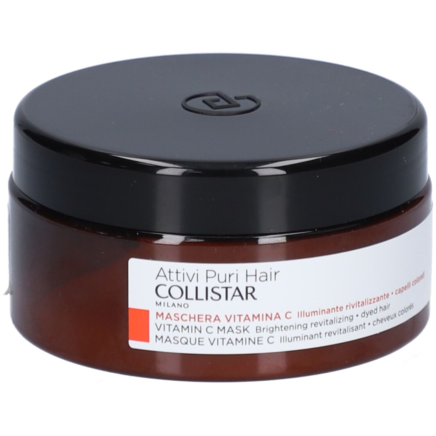 Braune Dose mit schwarzem Deckel. Aufkleber mit Text: Collistar Masque Vitamin C. Für coloriertes Haar.