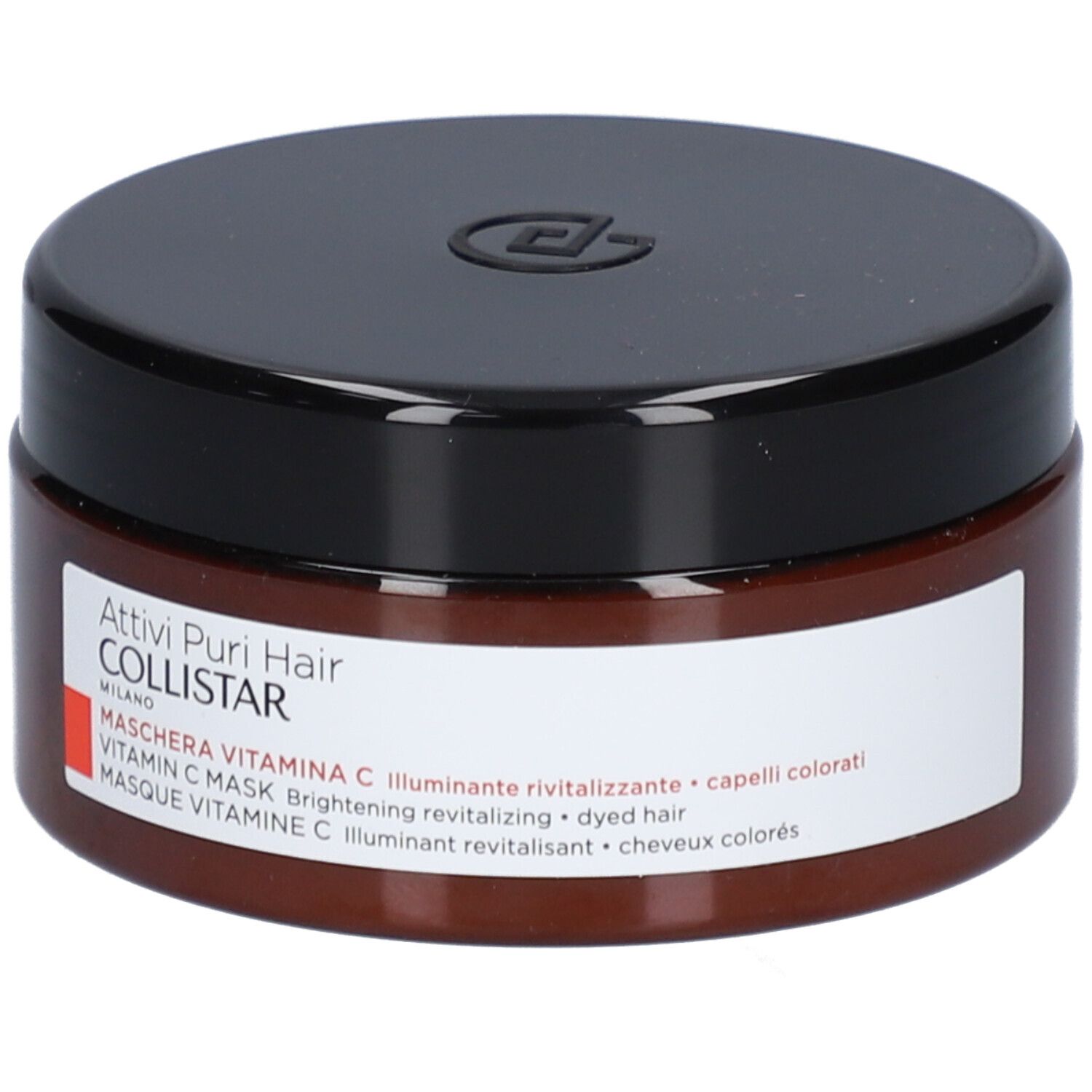 Braune Dose mit schwarzem Deckel. Aufkleber mit Text: Collistar Masque Vitamin C. Für coloriertes Haar.