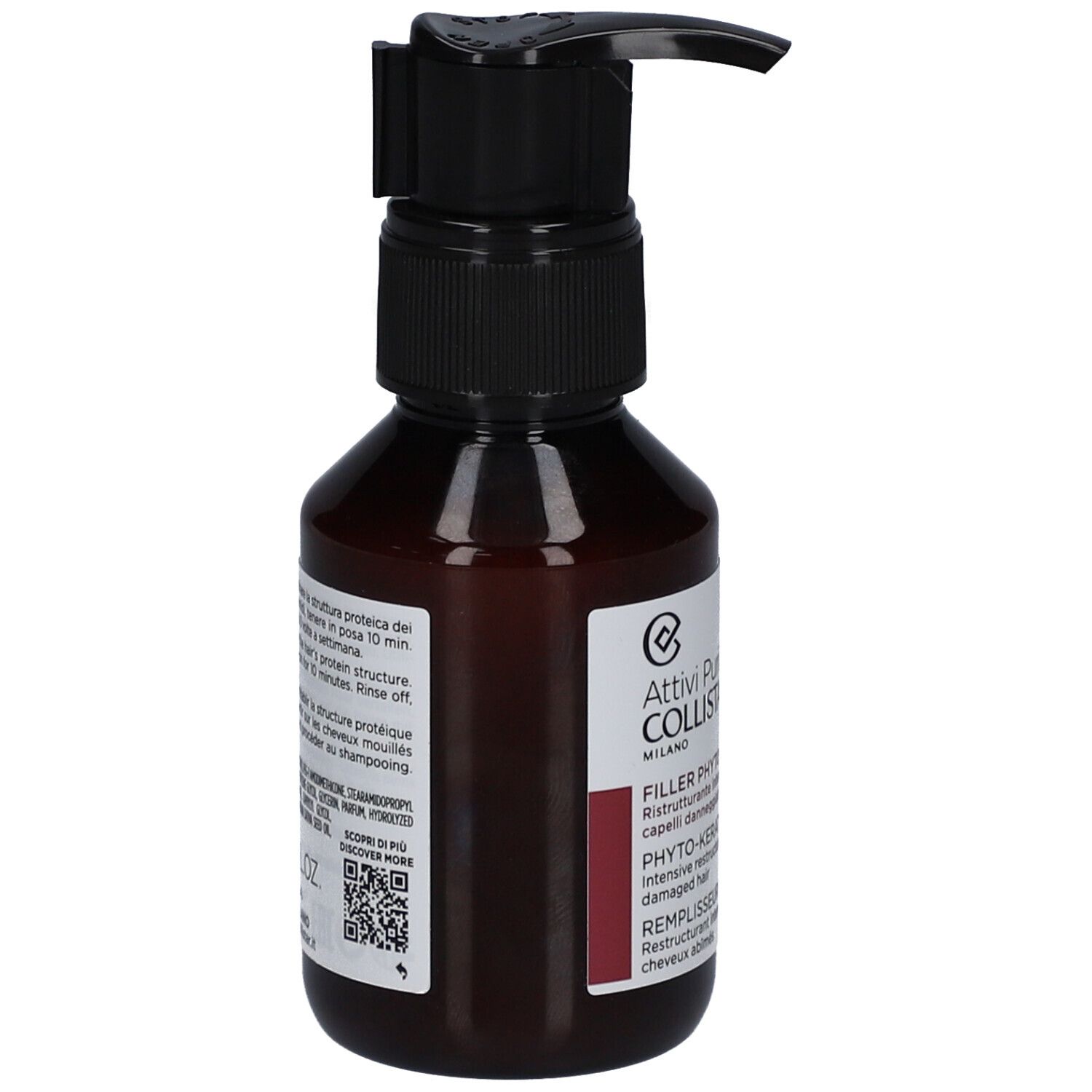Braune Flasche mit schwarzem Pumpverschluss. Auf dem Etikett steht "Filler Phyto-Keratina".