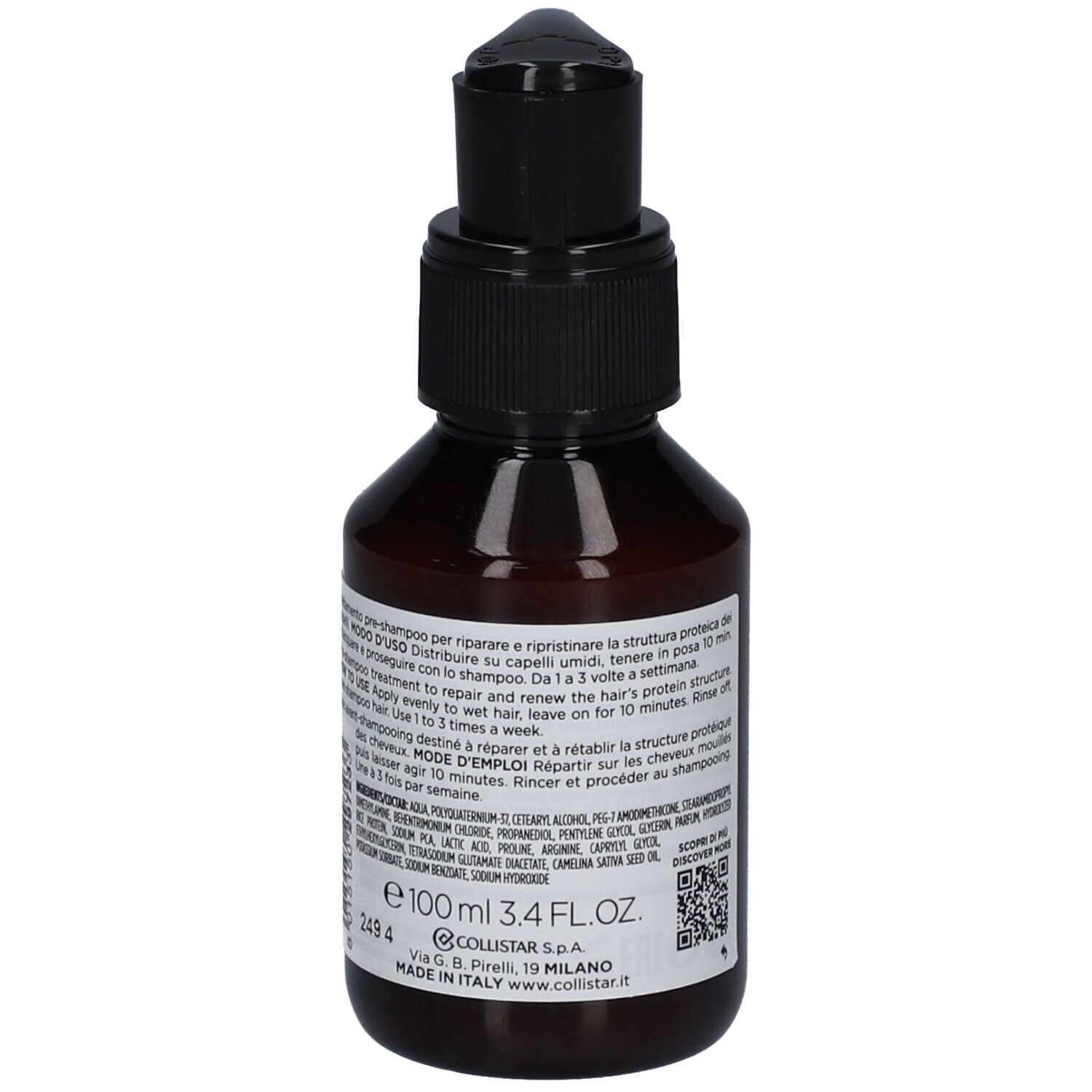 Braune Flasche mit schwarzem Pumpverschluss. Auf dem Etikett steht "Filler Phyto-Keratina".