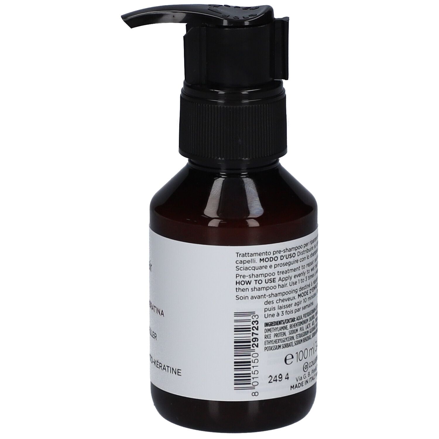Braune Flasche mit schwarzem Pumpverschluss. Auf dem Etikett steht "Filler Phyto-Keratina".