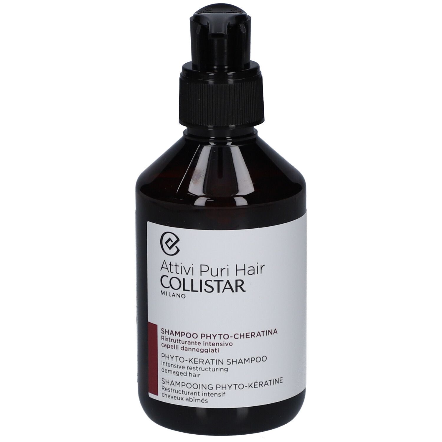 Braune Flasche mit schwarzem Pumpverschluss. Aufkleber mit Text: Shampoo Phyto-Keratin, Collistar.
