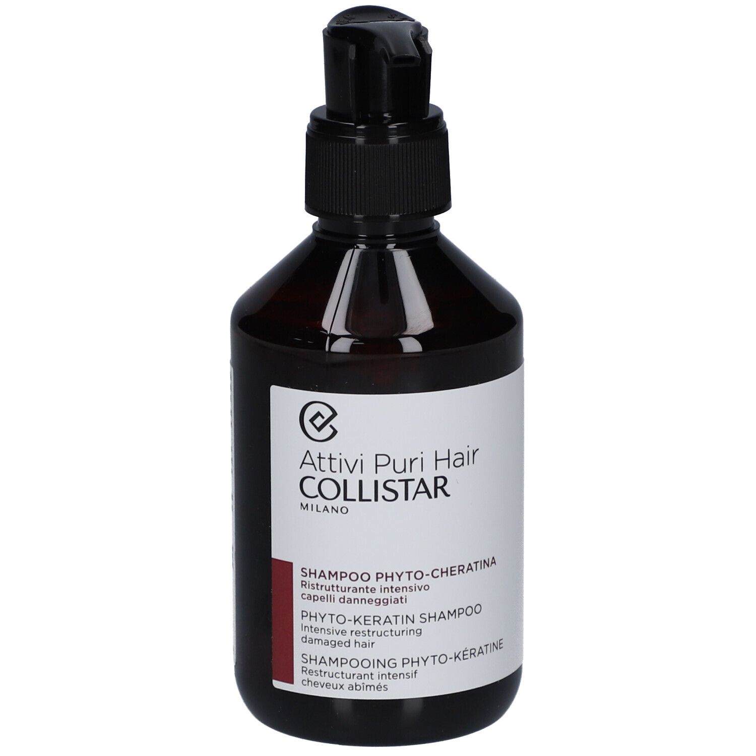 Braune Flasche mit schwarzem Pumpverschluss. Aufkleber mit Text: Shampoo Phyto-Keratin, Collistar.