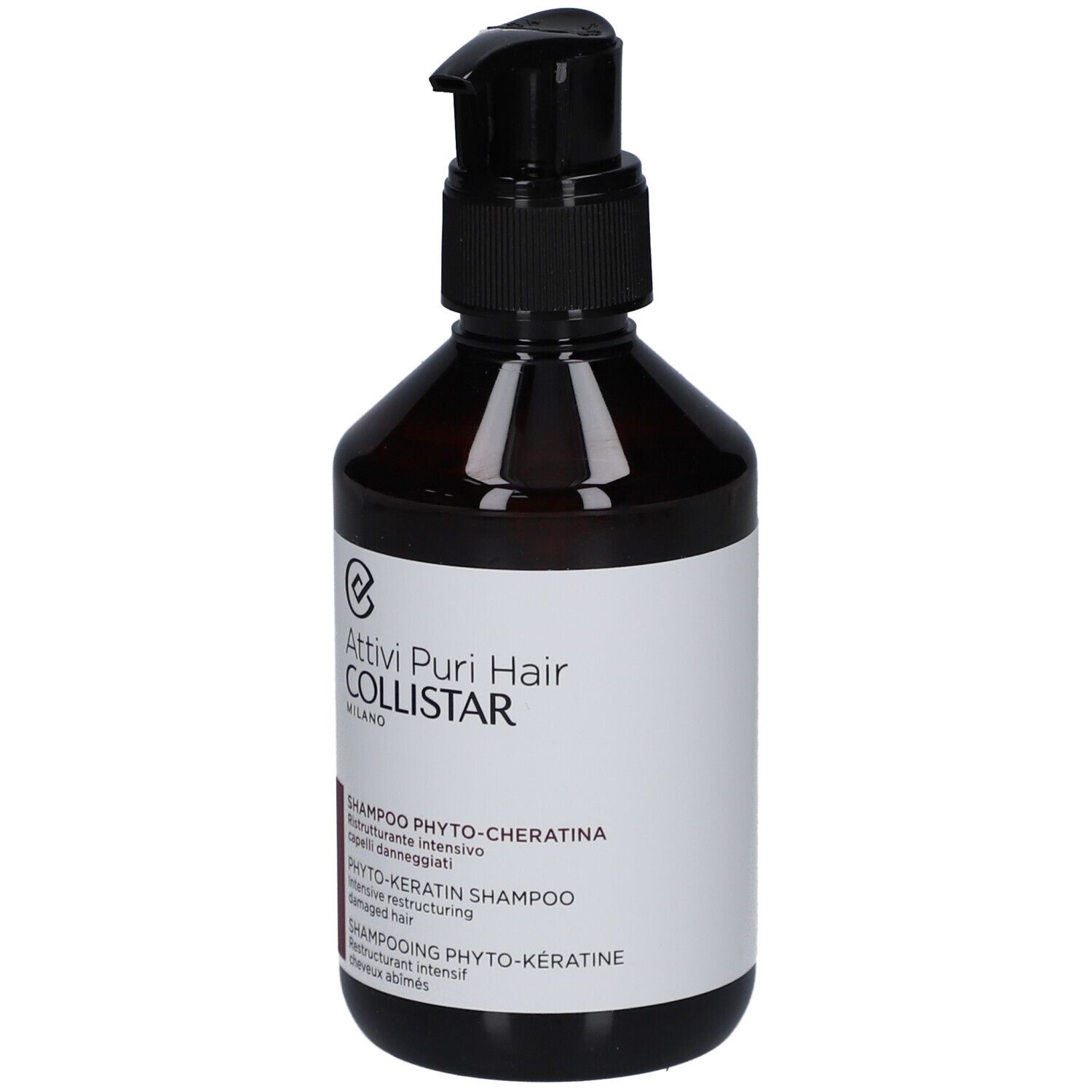 Braune Flasche mit schwarzem Pumpverschluss. Aufkleber mit Text: Shampoo Phyto-Keratin, Collistar.