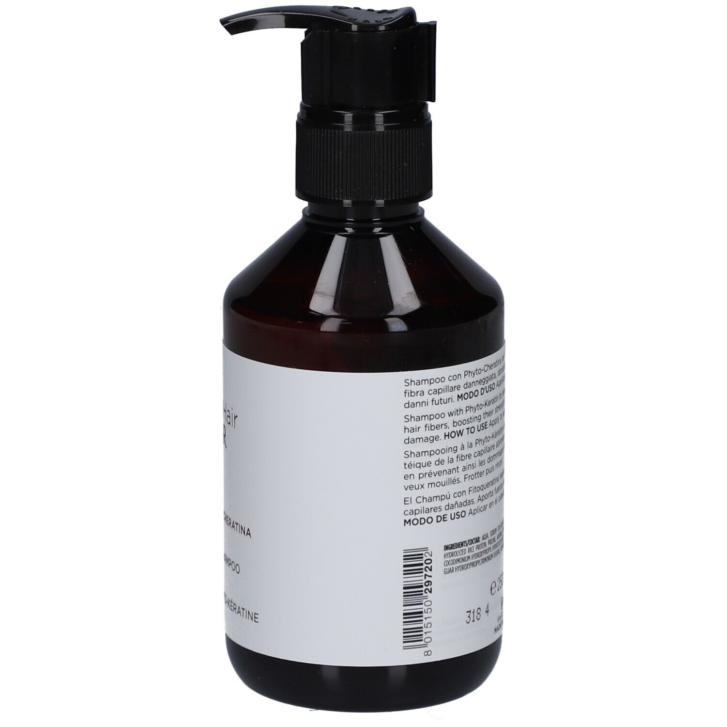 Braune Flasche mit schwarzem Pumpverschluss. Rückseite mit Text. Collistar Shampoo Phyto-Keratin.