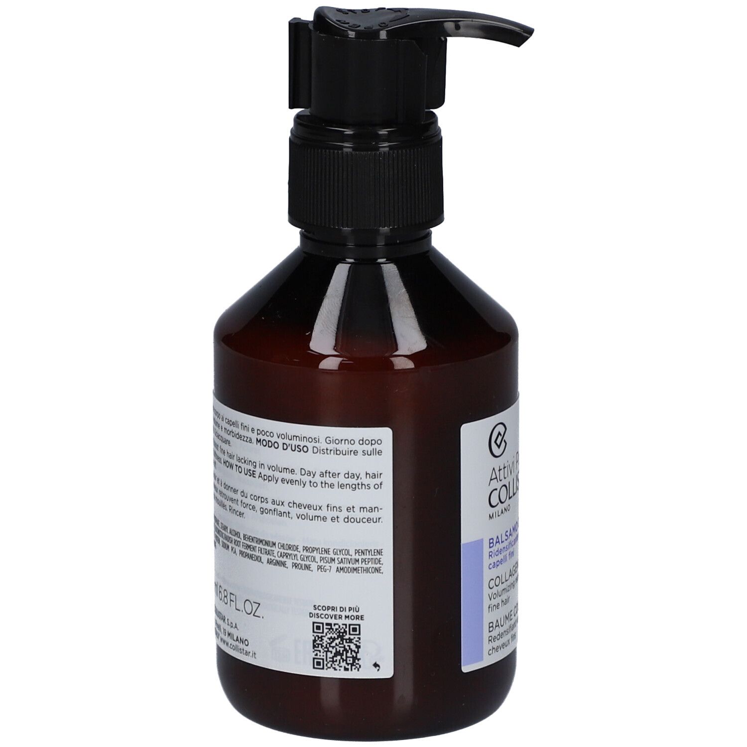 Braune Flasche mit schwarzem Pumpverschluss. Aufkleber mit Produktinformationen und Markenlogo: Collistar.