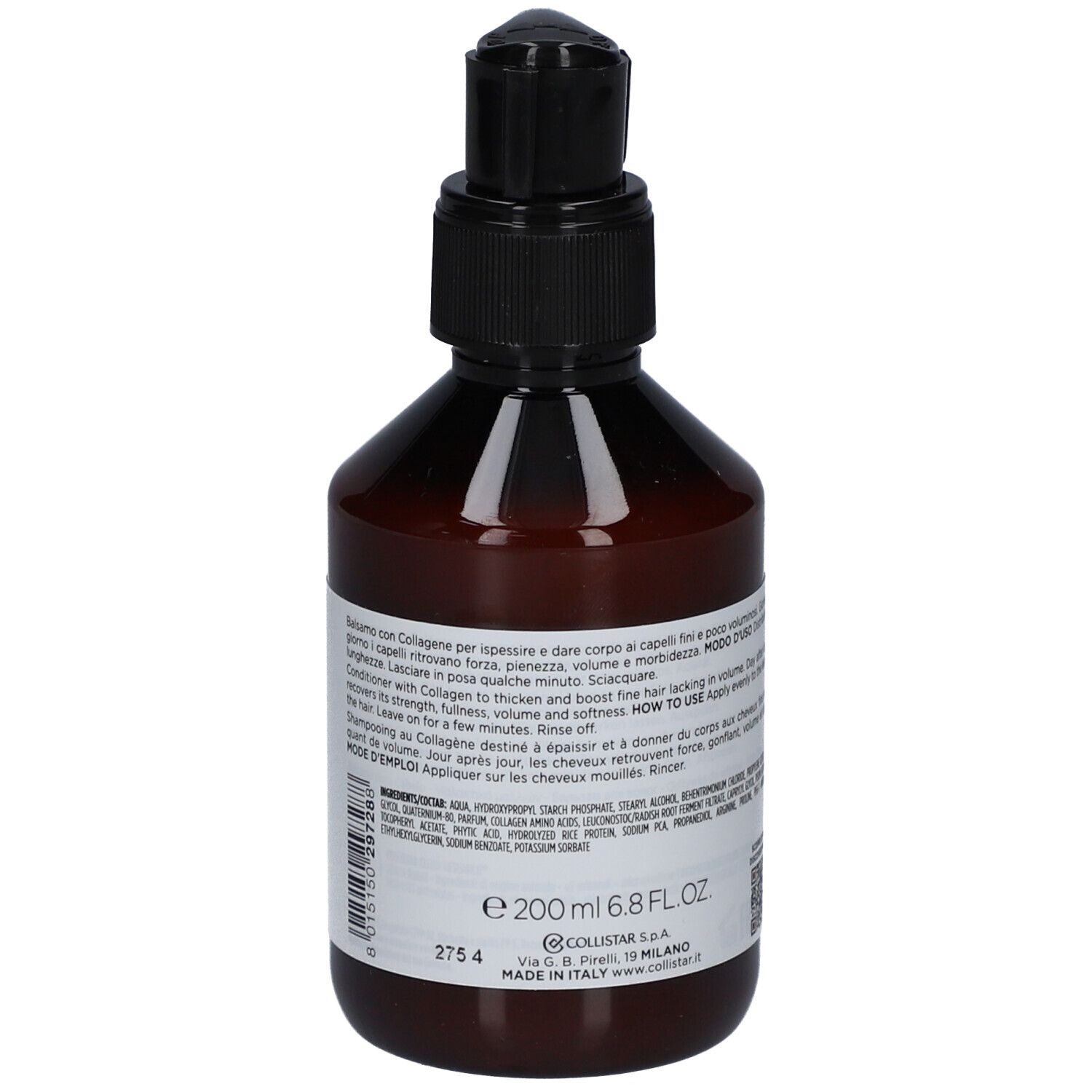 Braune Flasche mit schwarzem Pumpverschluss. Aufkleber mit Produktinformationen und Markenlogo: Collistar.