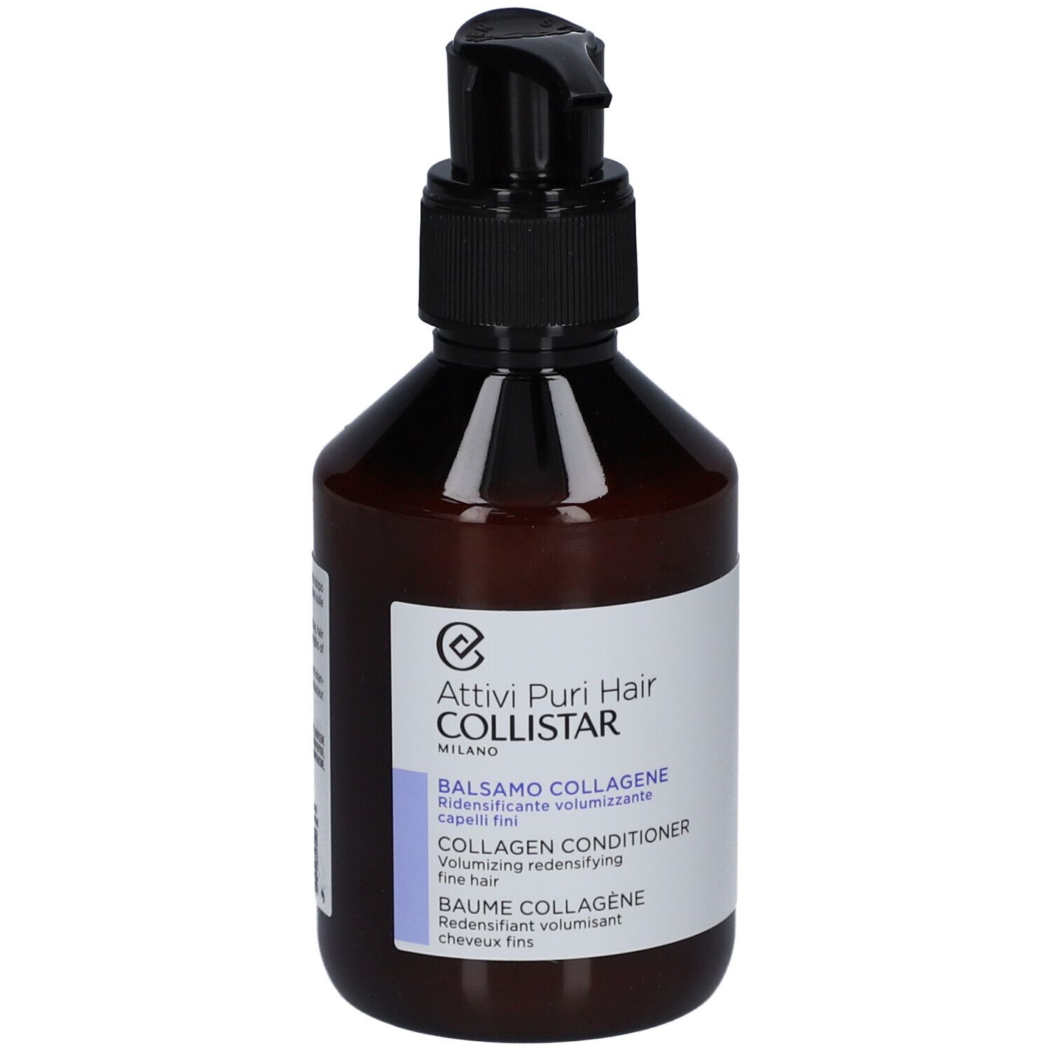 Braune Flasche mit schwarzem Pumpverschluss. Aufkleber mit Produktinformationen und Markenlogo: Collistar.