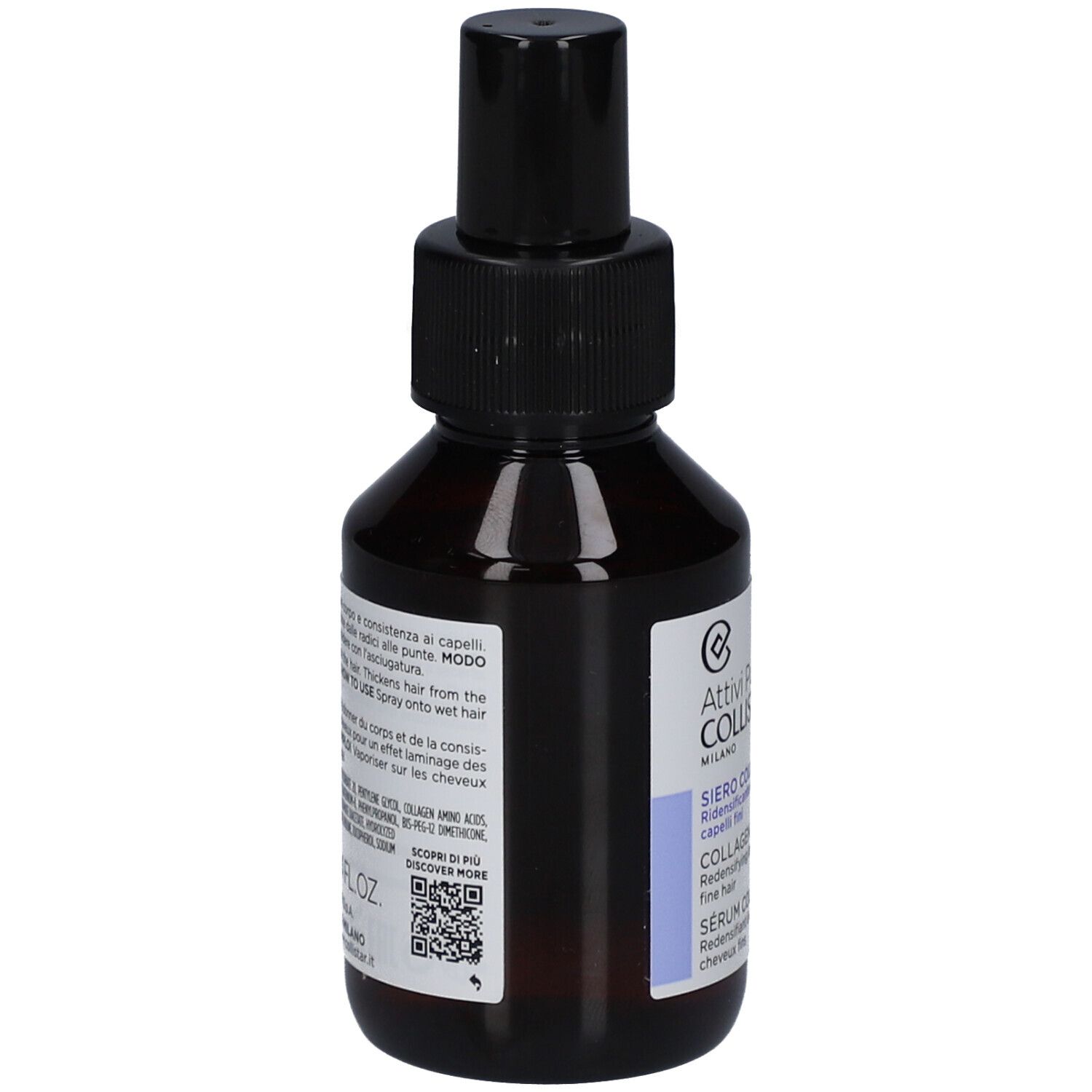 Braune Flasche mit schwarzem Sprühkopf. Rückseite mit Text und QR-Code. Marke: Collistar.
