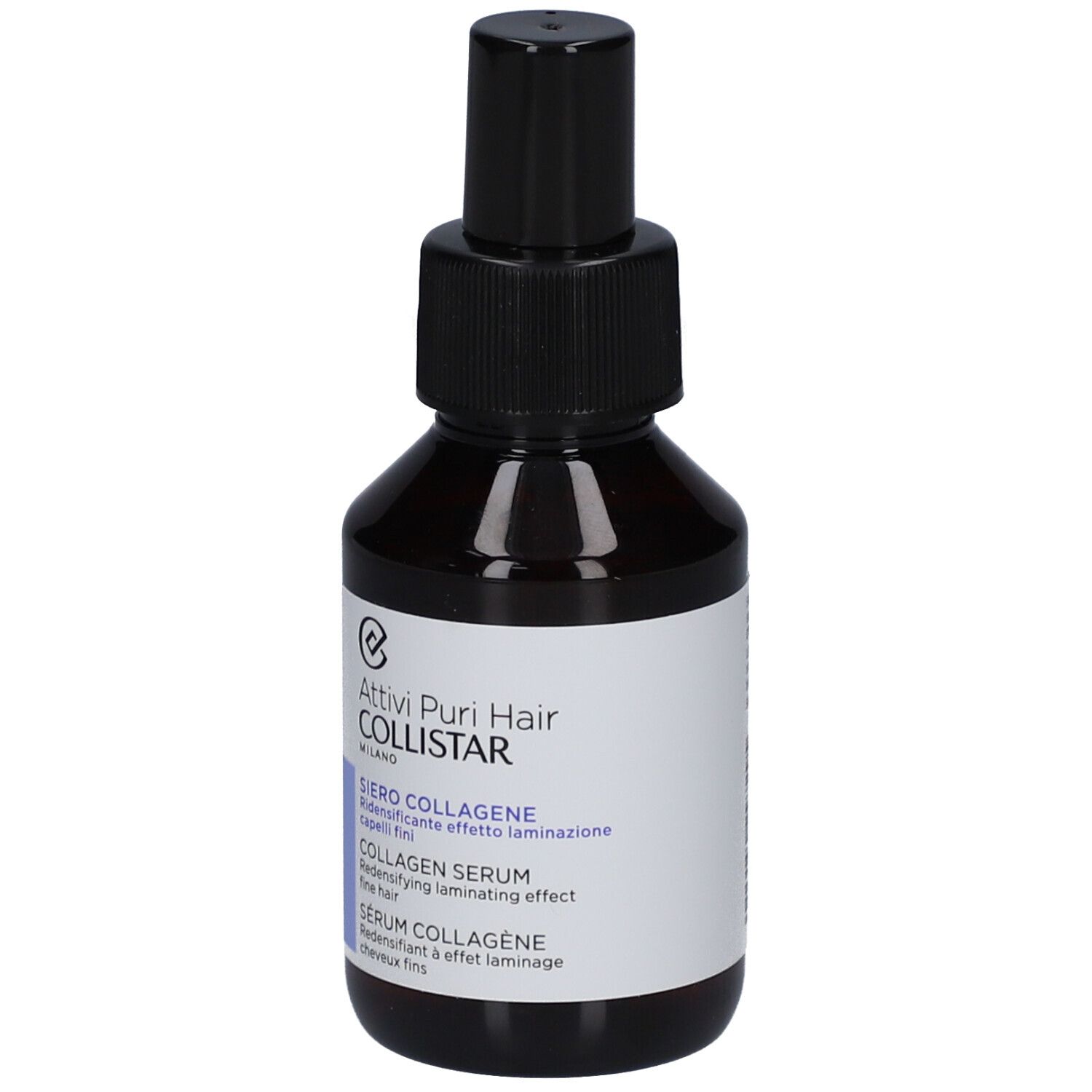 Braune Flasche mit schwarzem Sprühkopf. Aufkleber mit Produktnamen und Marke: Collistar Sérum Collagène.