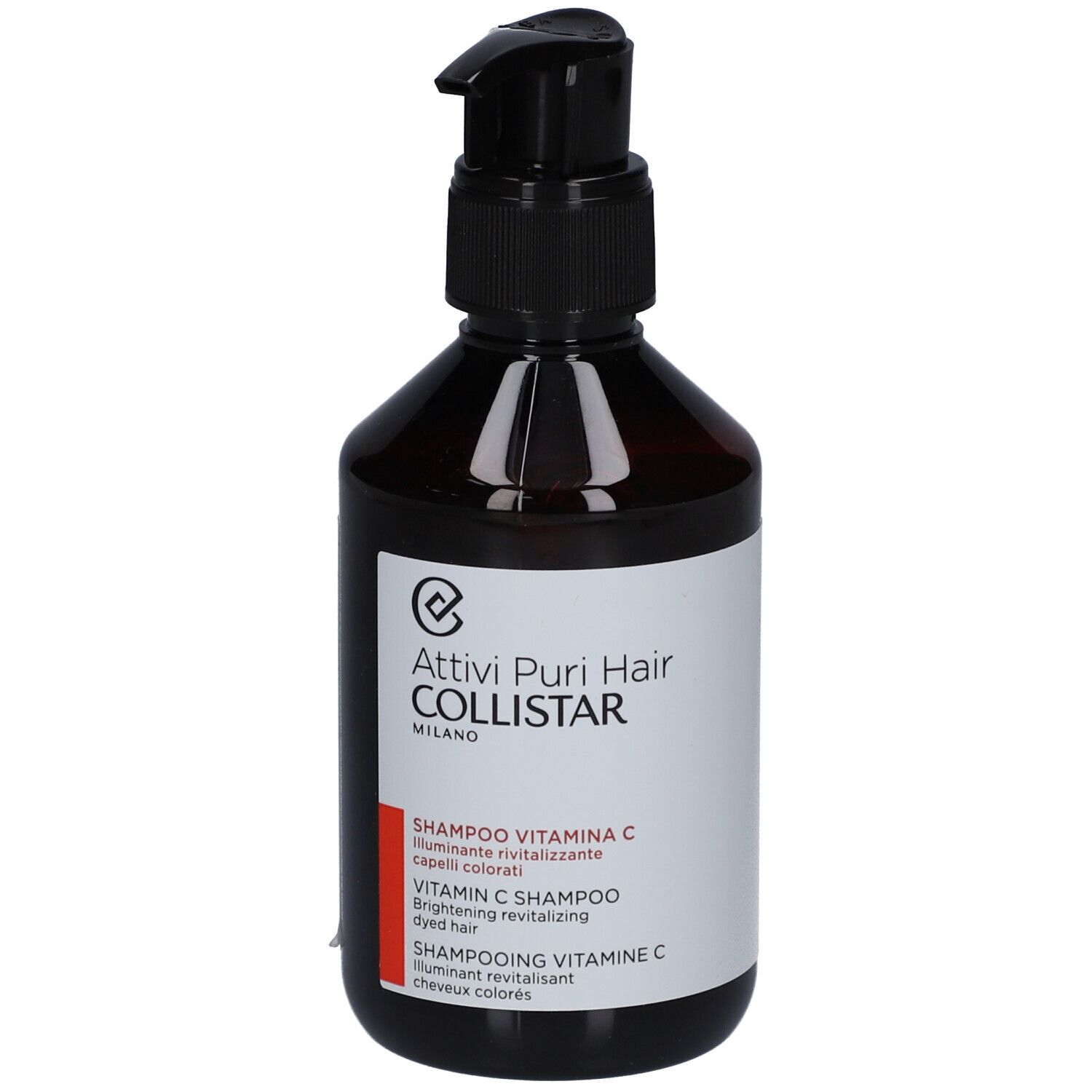 Braune Flasche mit schwarzem Pumpverschluss. Aufkleber mit Produktnamen und Text. Shampoo für coloriertes Haar.