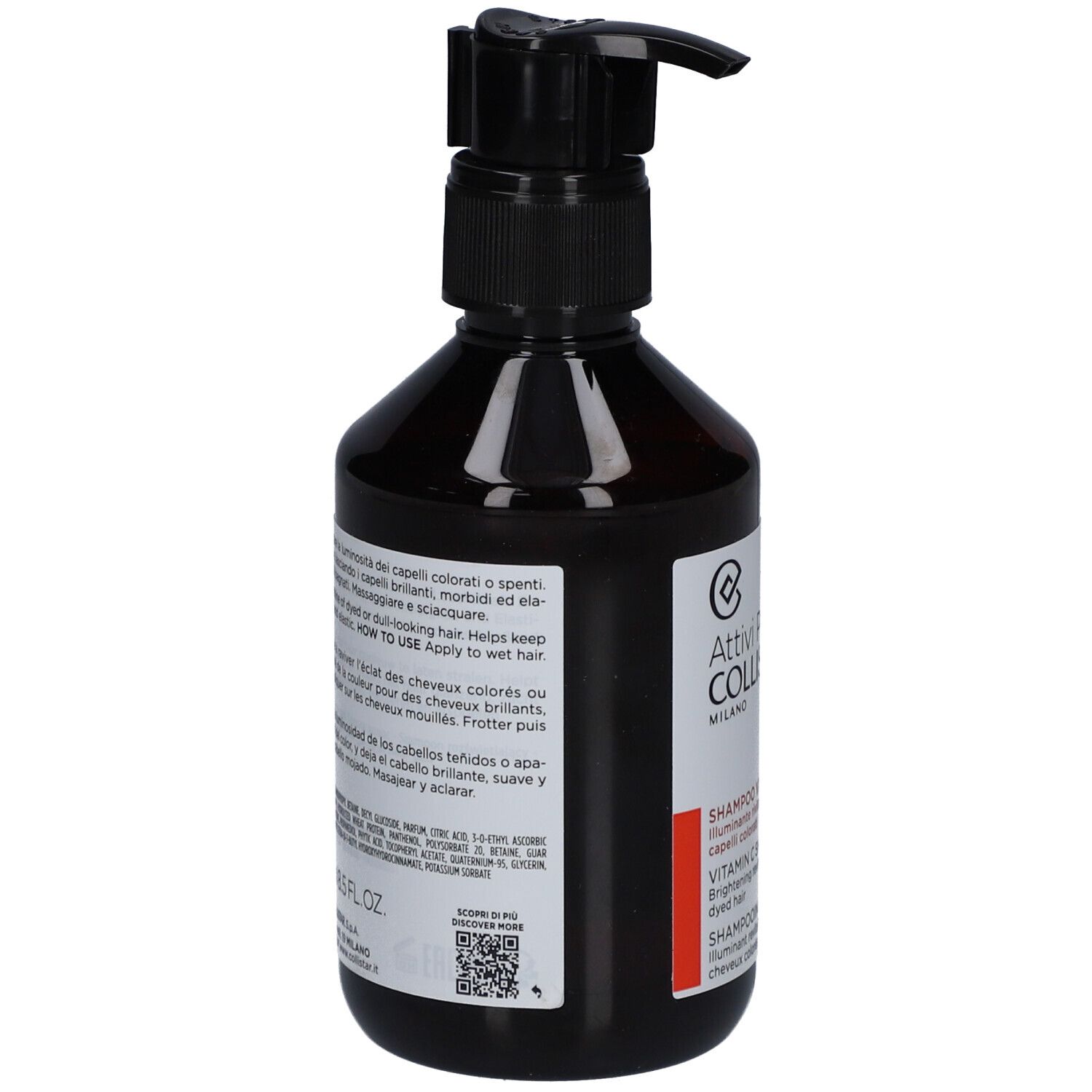 Braune Flasche mit schwarzem Pumpverschluss. Rückseite mit Text. Shampoo für coloriertes Haar.