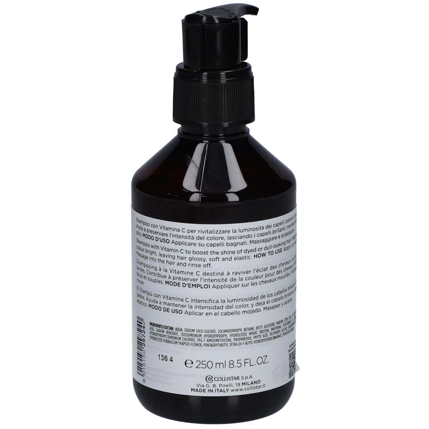 Braune Flasche mit schwarzem Pumpverschluss. Rückseite mit Text und Volumenangabe. Shampoo.