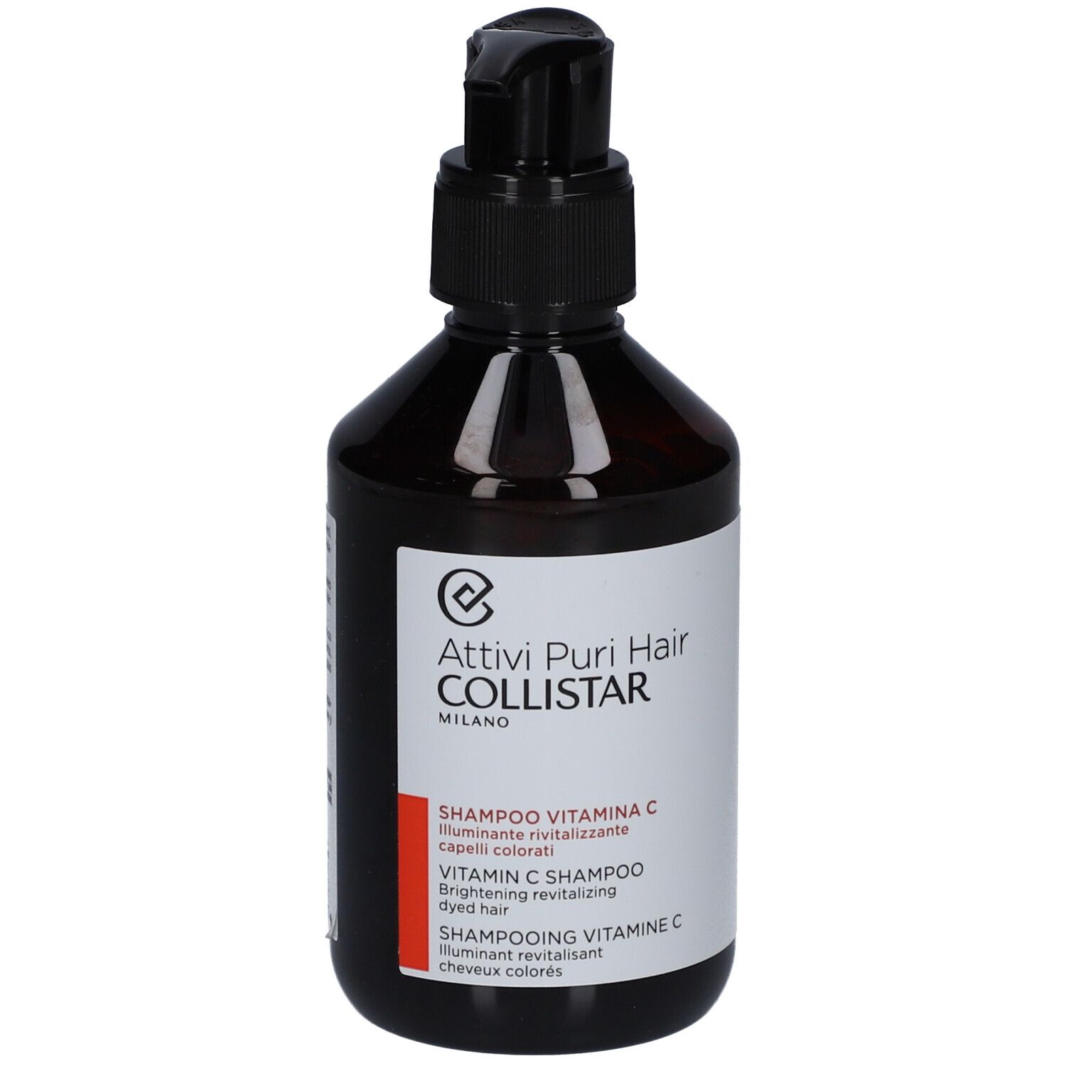 Braune Flasche mit schwarzem Pumpverschluss. Aufkleber mit Produktnamen und Text. Shampoo für coloriertes Haar.