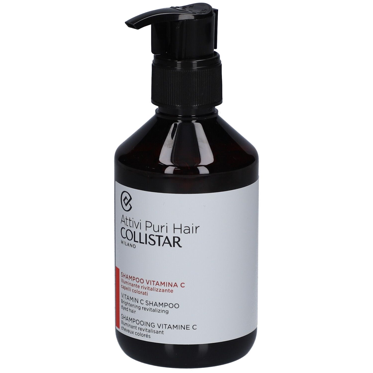 Braune Flasche mit schwarzem Pumpverschluss. Aufkleber mit Produktnamen und Text. Shampoo für coloriertes Haar.