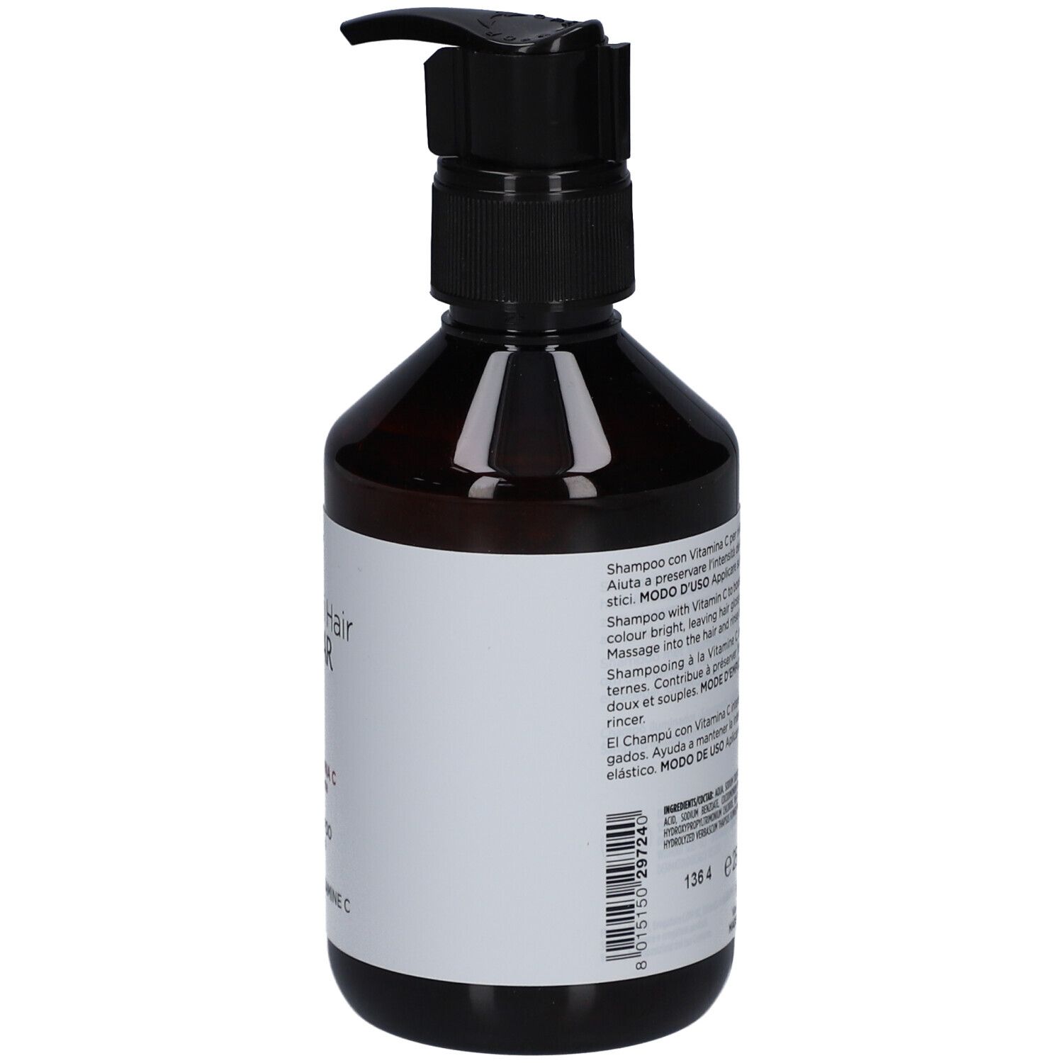 Braune Flasche mit schwarzem Pumpverschluss. Rückseite mit Text. Shampoo für coloriertes Haar.