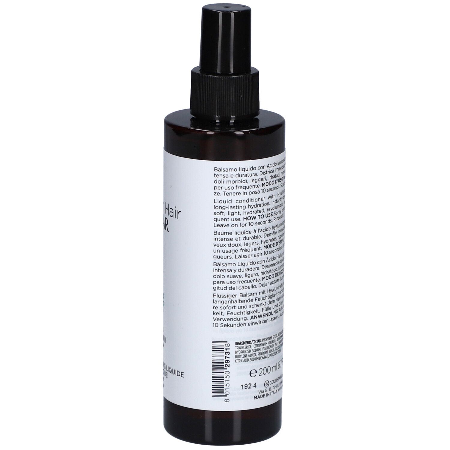 Braune Flasche mit schwarzem Sprühkopf. Aufschrift: Attivi Puri Hair, Balsamo Liquido, Acido Ialuronico, Hyaluronic Acid Liquid Conditioner.