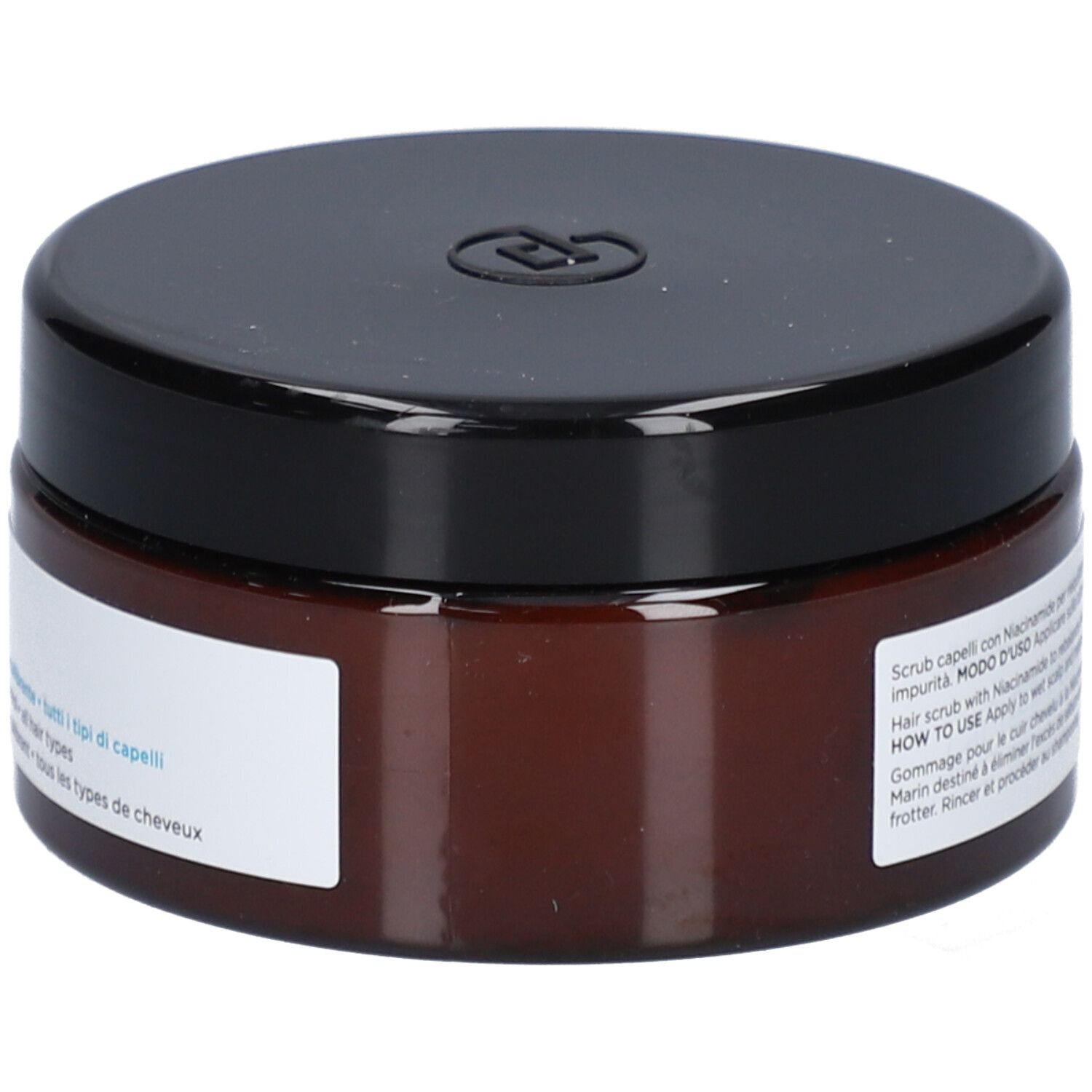 Braune Dose mit schwarzem Deckel. Aufschrift: Collistar Scrub Niacinamide. Mit Text auf Italienisch.