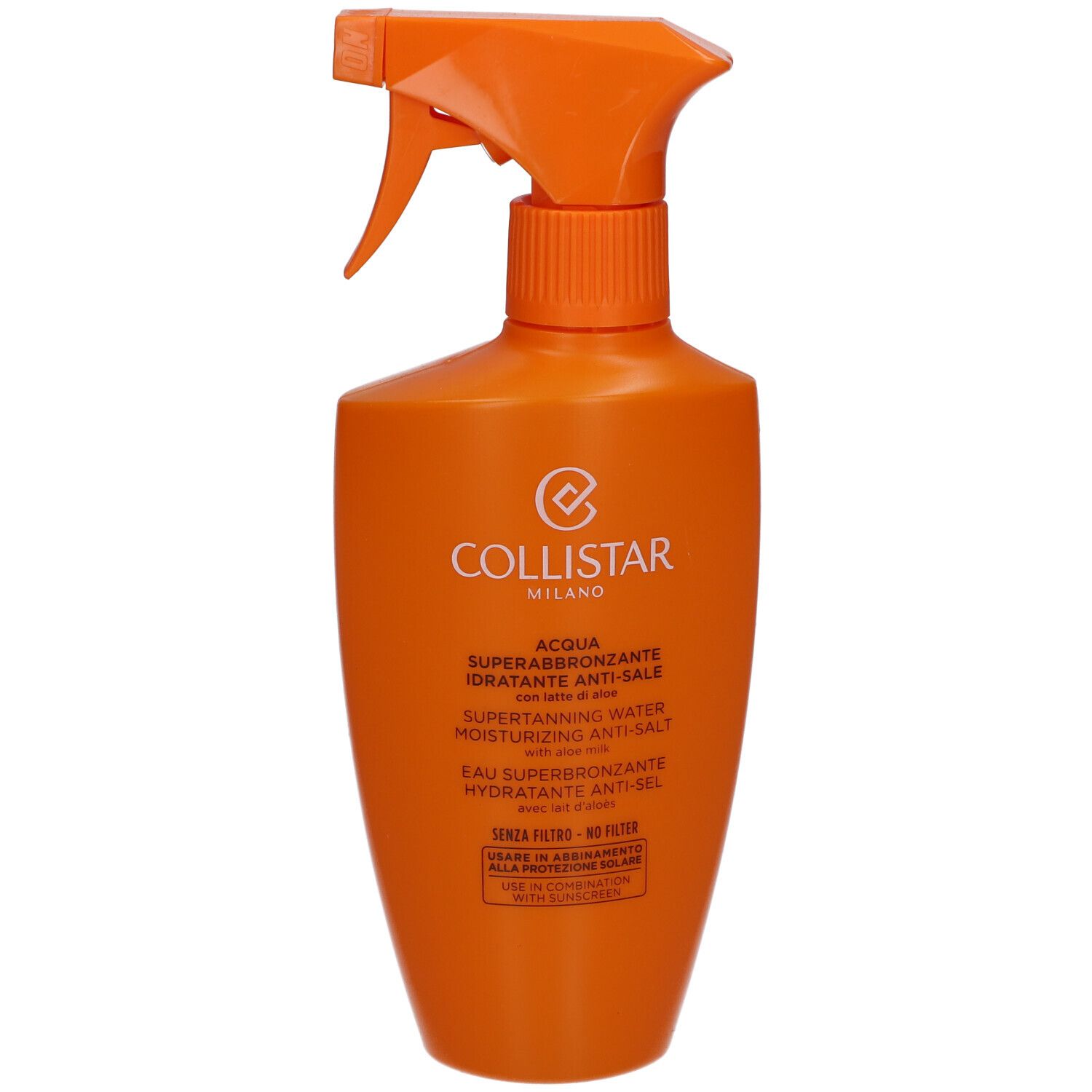 Orangefarbene Sprühflasche mit Produktbezeichnung. Text: Collistar, Acqua Superabbronzante, Hydratante Anti-Sale.