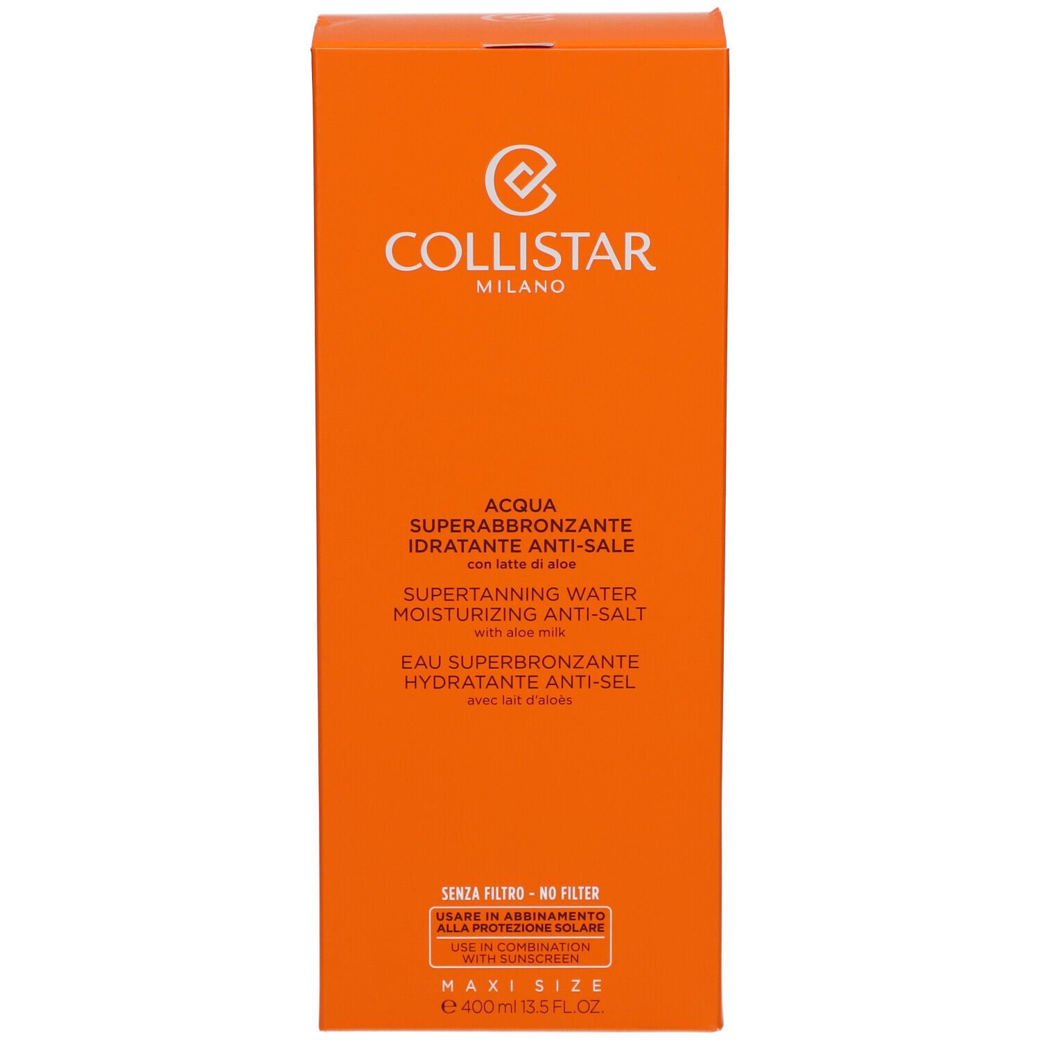 Orangefarbene Produktverpackung. Text: Collistar, Acqua Superabbronzante, Hydratante Anti-Sale, Maxi Size.