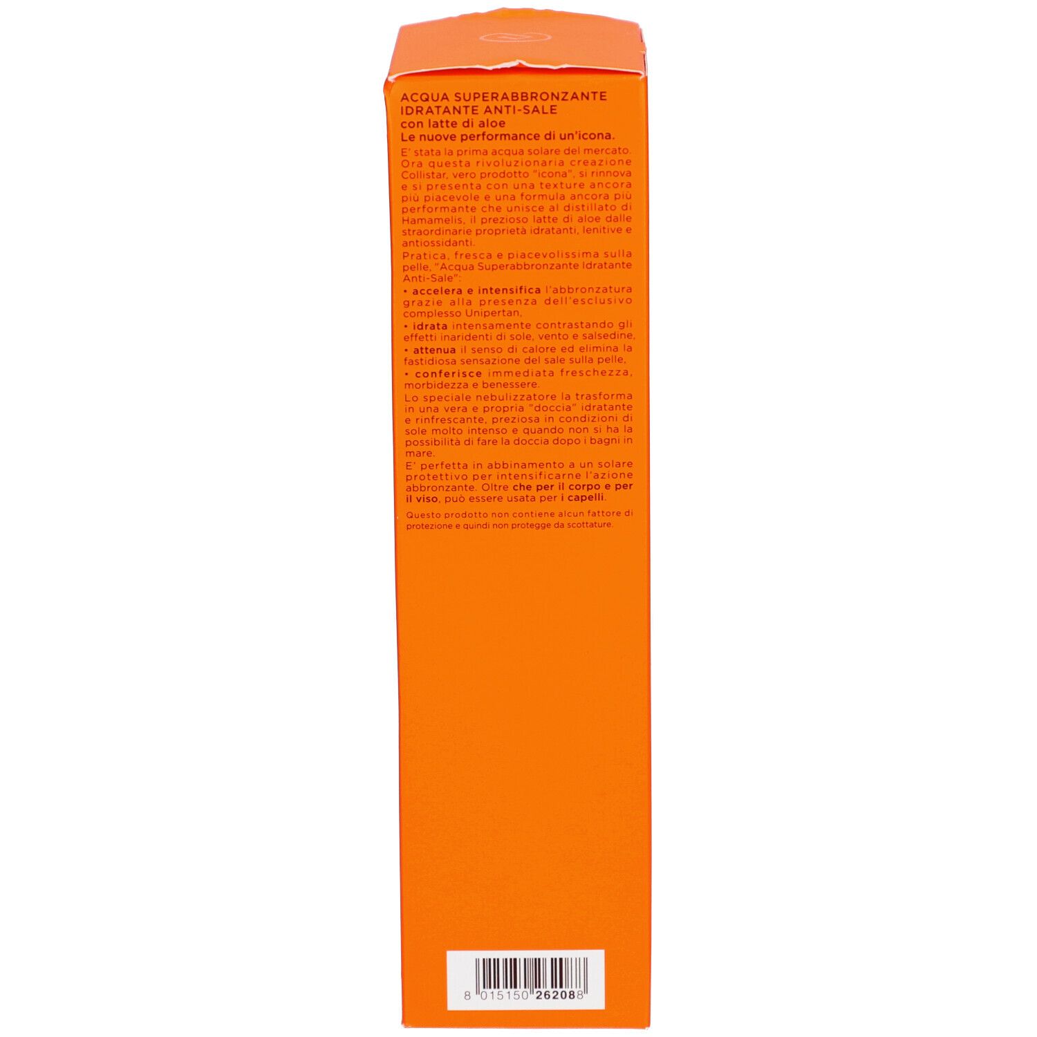 Produktverpackung. Text: Collistar, Acqua Superabbronzante, Hydratante Anti-Sale, Inhaltsstoffe, Anwendung.