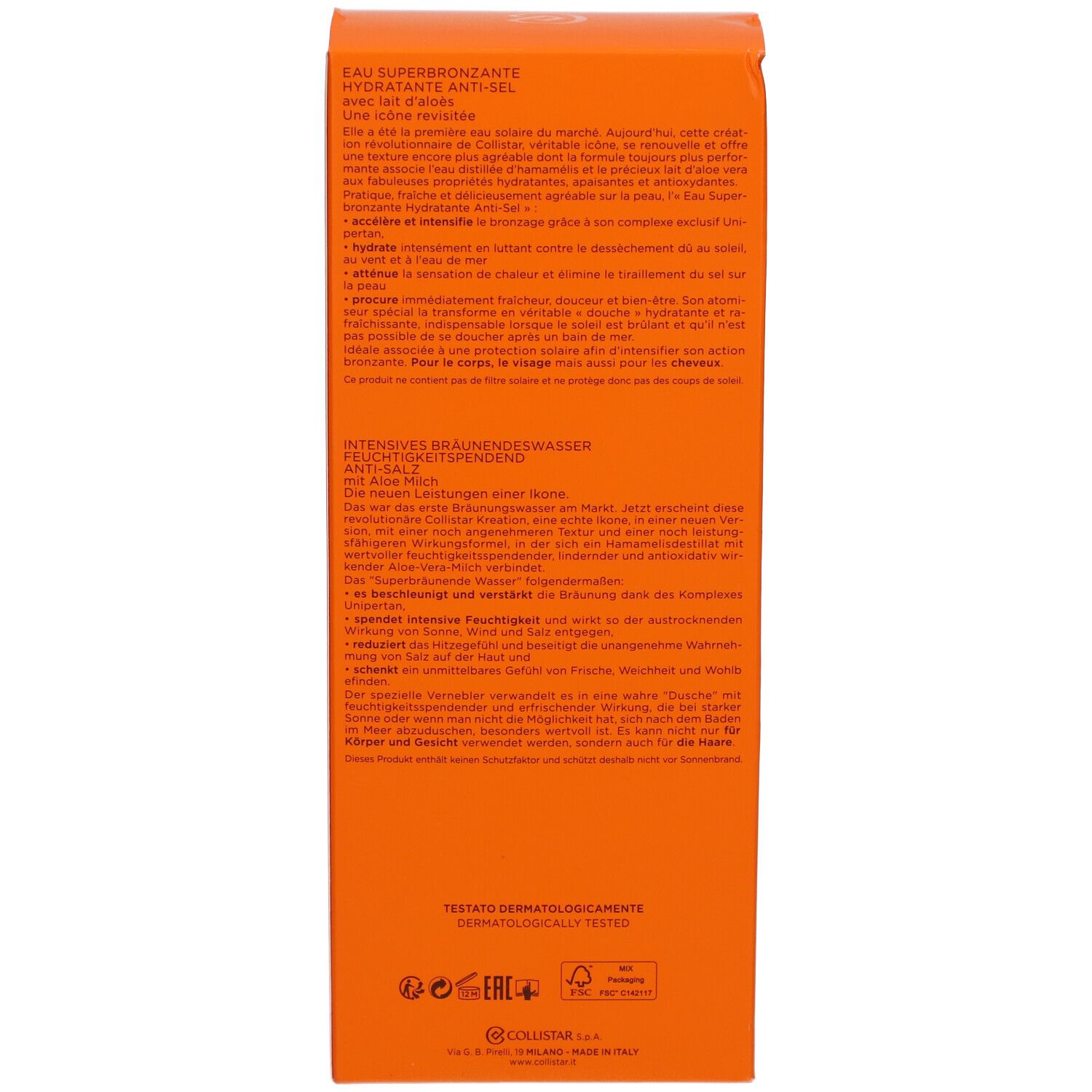 Produktverpackung. Text: Eau Superbronzante Hydratante Anti-Sel, Inhaltsstoffe, Anwendung, dermatologisch getestet.