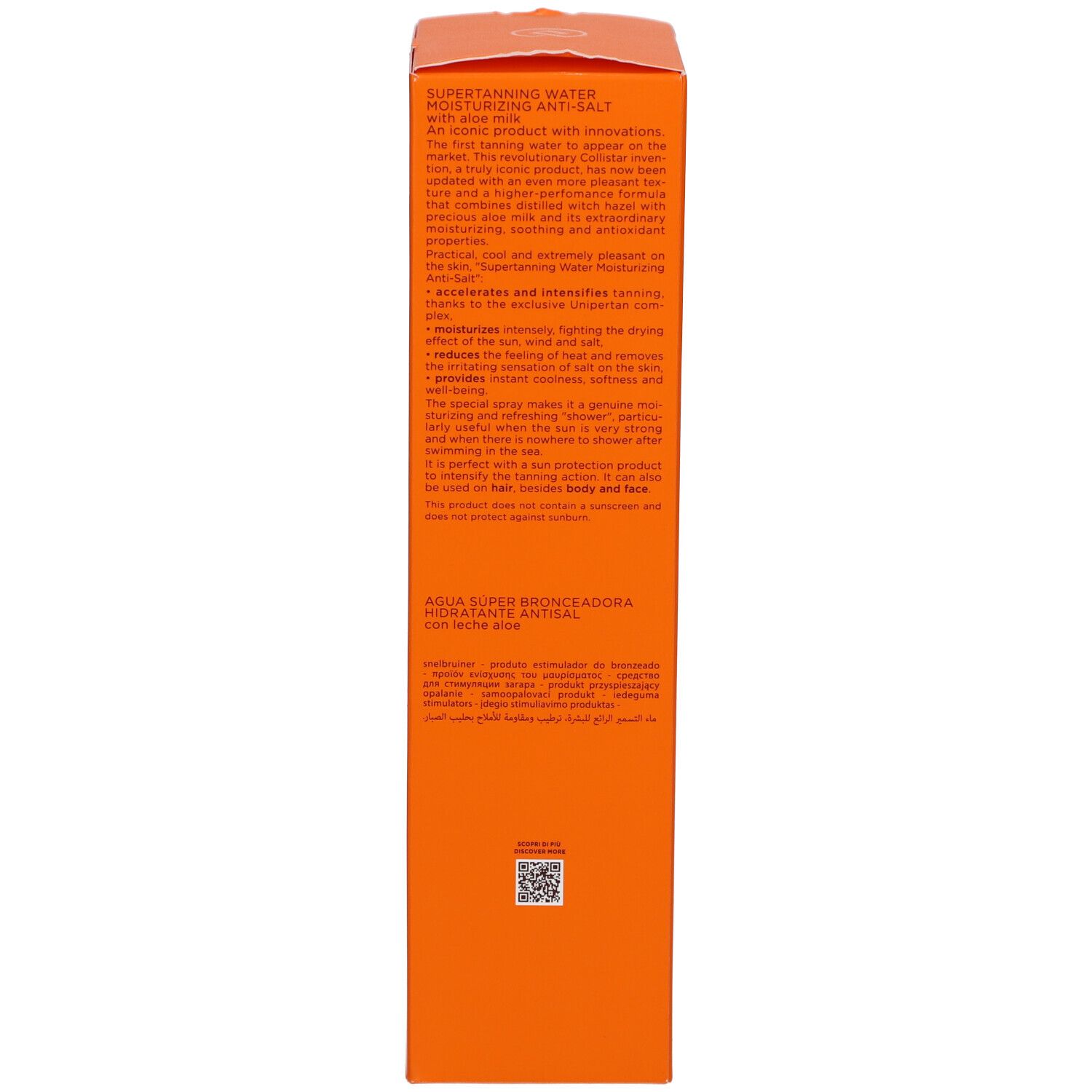 Produktverpackung. Text: Supertanning Water Moisturizing Anti-Salt, Inhaltsstoffe, Anwendung, QR-Code.