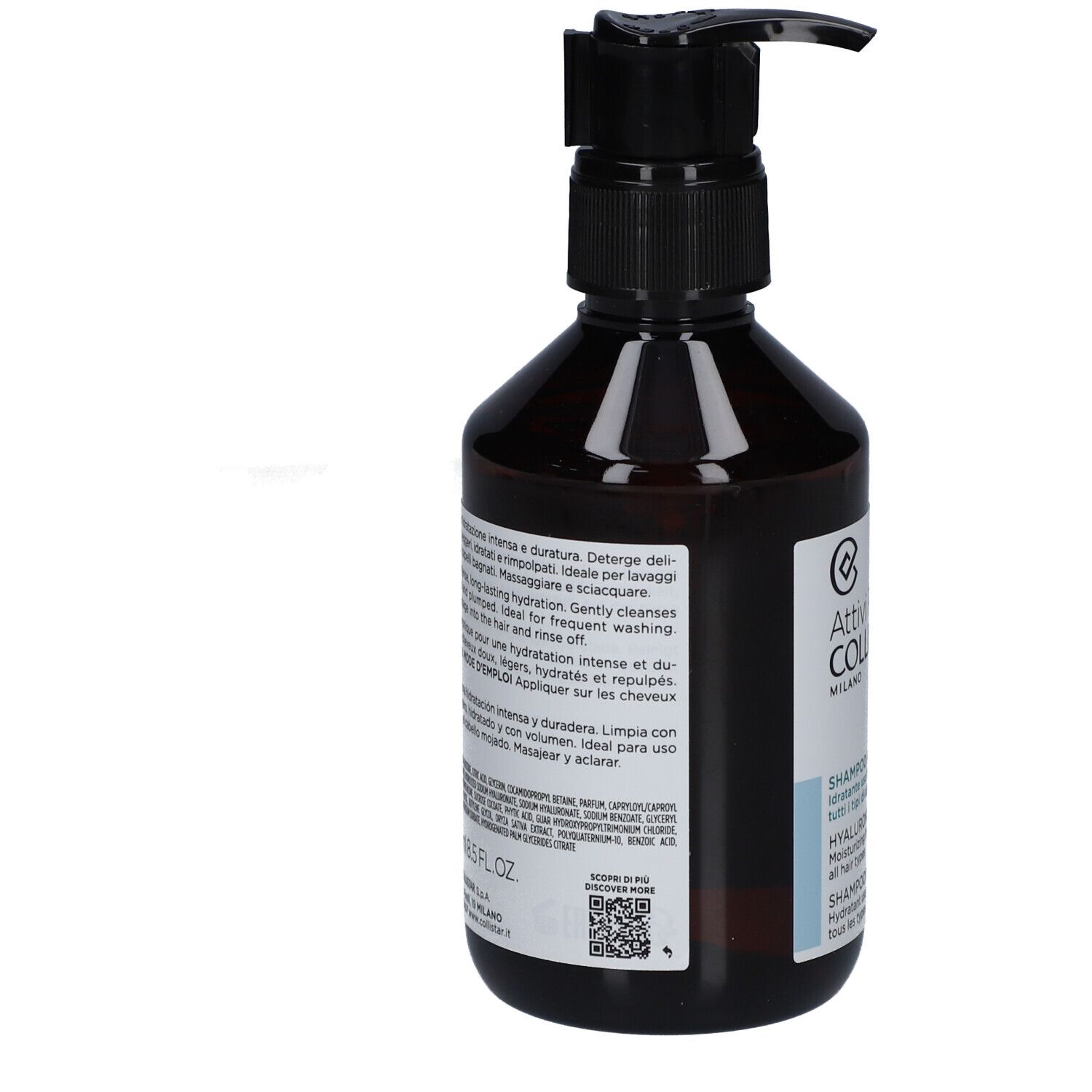 Braune Flasche mit schwarzem Pumpverschluss. Aufschrift und Text auf Italienisch. QR-Code und Barcode.