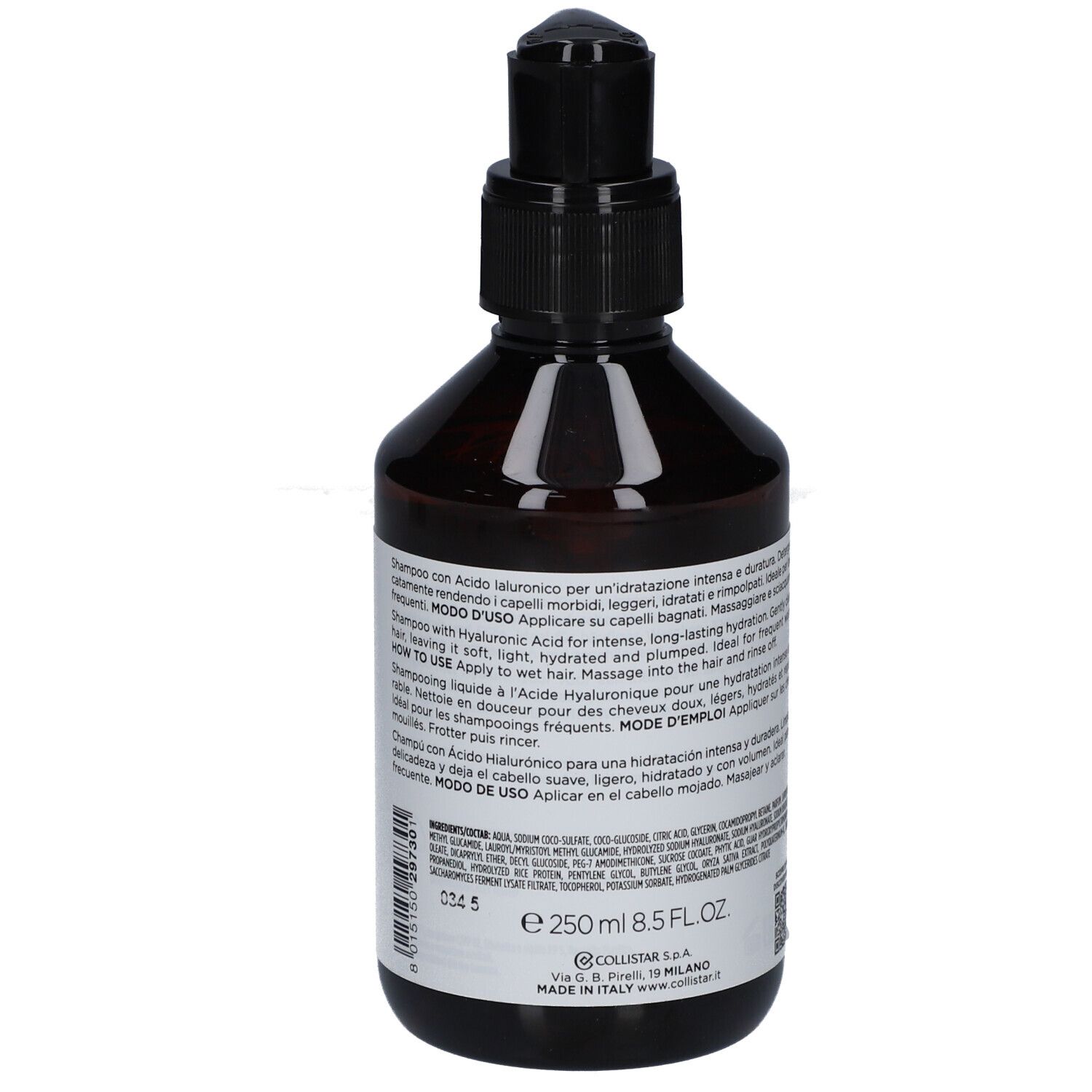 Braune Flasche mit schwarzem Pumpverschluss. Aufschrift und Text auf Italienisch. Volumen: 250 ml.