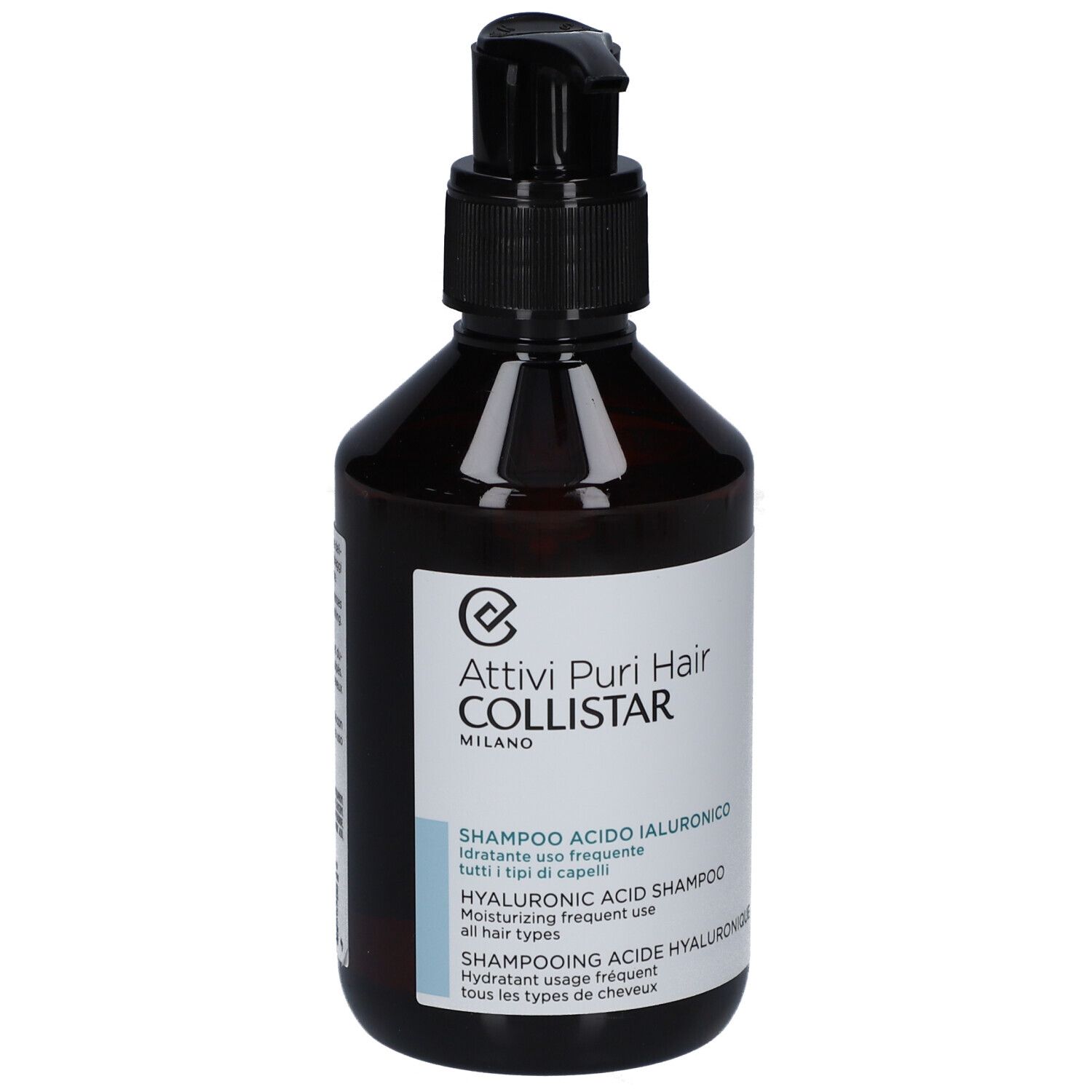 Braune Flasche mit schwarzem Pumpverschluss. Aufschrift: Attivi Puri Hair Collistar, Shampoo Acido Ialuronico.