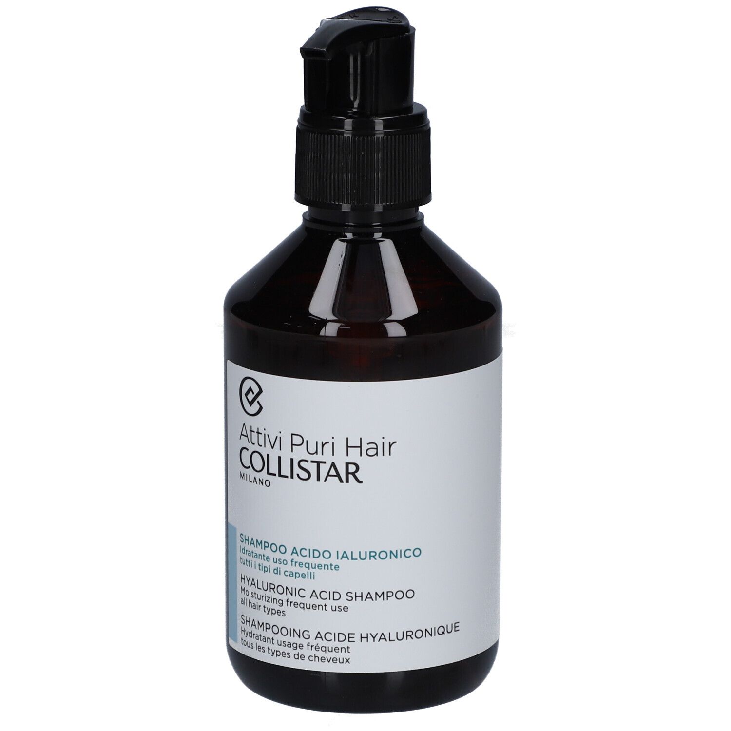 Braune Flasche mit schwarzem Pumpverschluss. Aufschrift: Attivi Puri Hair Collistar, Shampoo Acido Ialuronico.