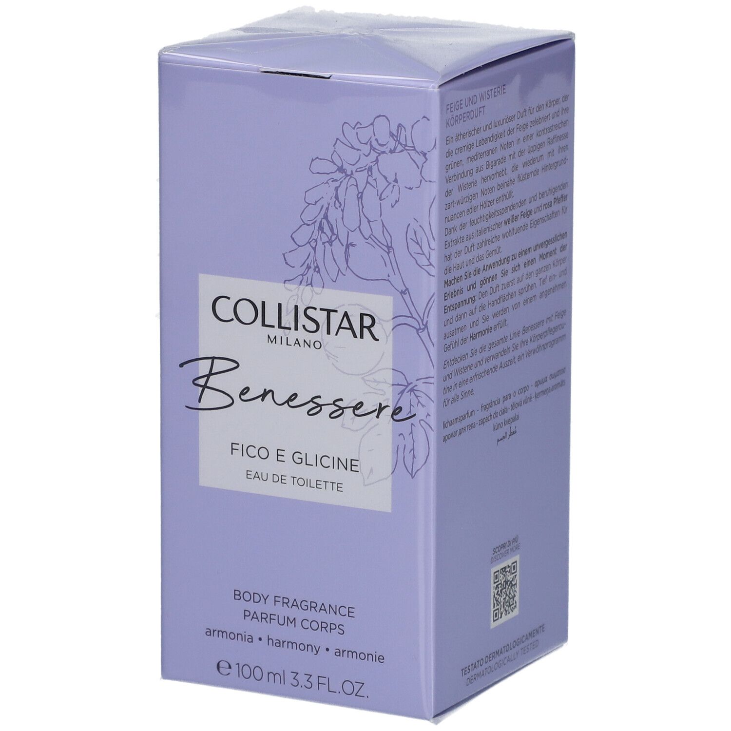 Helllila Collistar-Verpackung. Text: Benessere, Fico e Glicine, Eau de Toilette. 100 ml. Floral-Grafik.