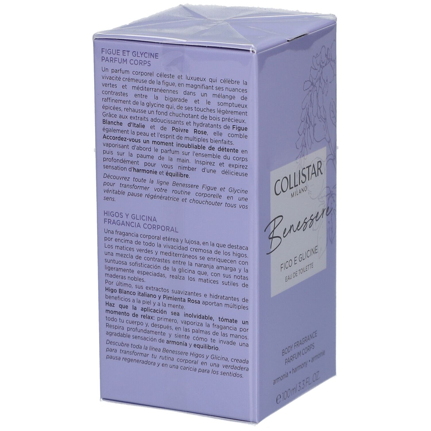 Collistar-Verpackung, lila. Text: Fico e Glicine, Eau de Toilette. Text in Deutsch, Französisch, Italienisch, Englisch.