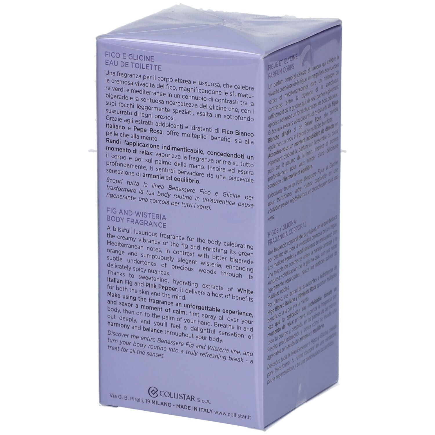 Collistar-Verpackung, lila. Text: Fico e Glicine, Eau de Toilette. Text in Deutsch, Französisch, Italienisch, Englisch.