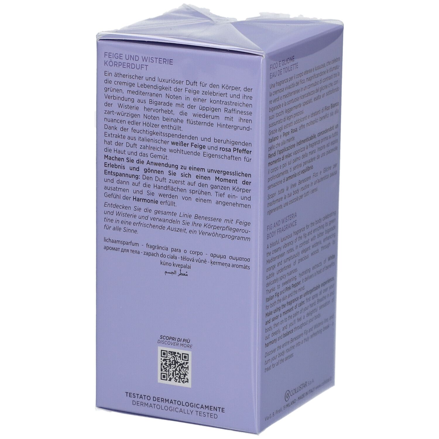 Collistar-Verpackung, lila. Text: Fico e Glicine, Eau de Toilette. Text in Deutsch, Französisch, Italienisch, Englisch.