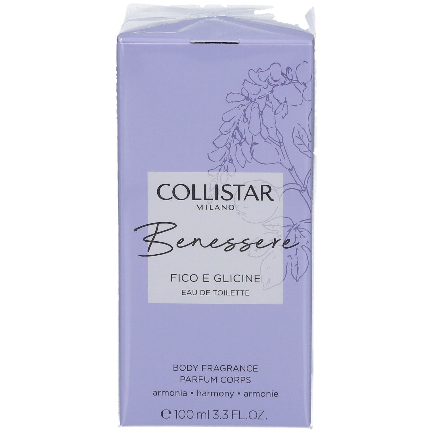 Helllila Collistar-Verpackung. Text: Benessere, Fico e Glicine, Eau de Toilette. 100 ml. Floral-Grafik.