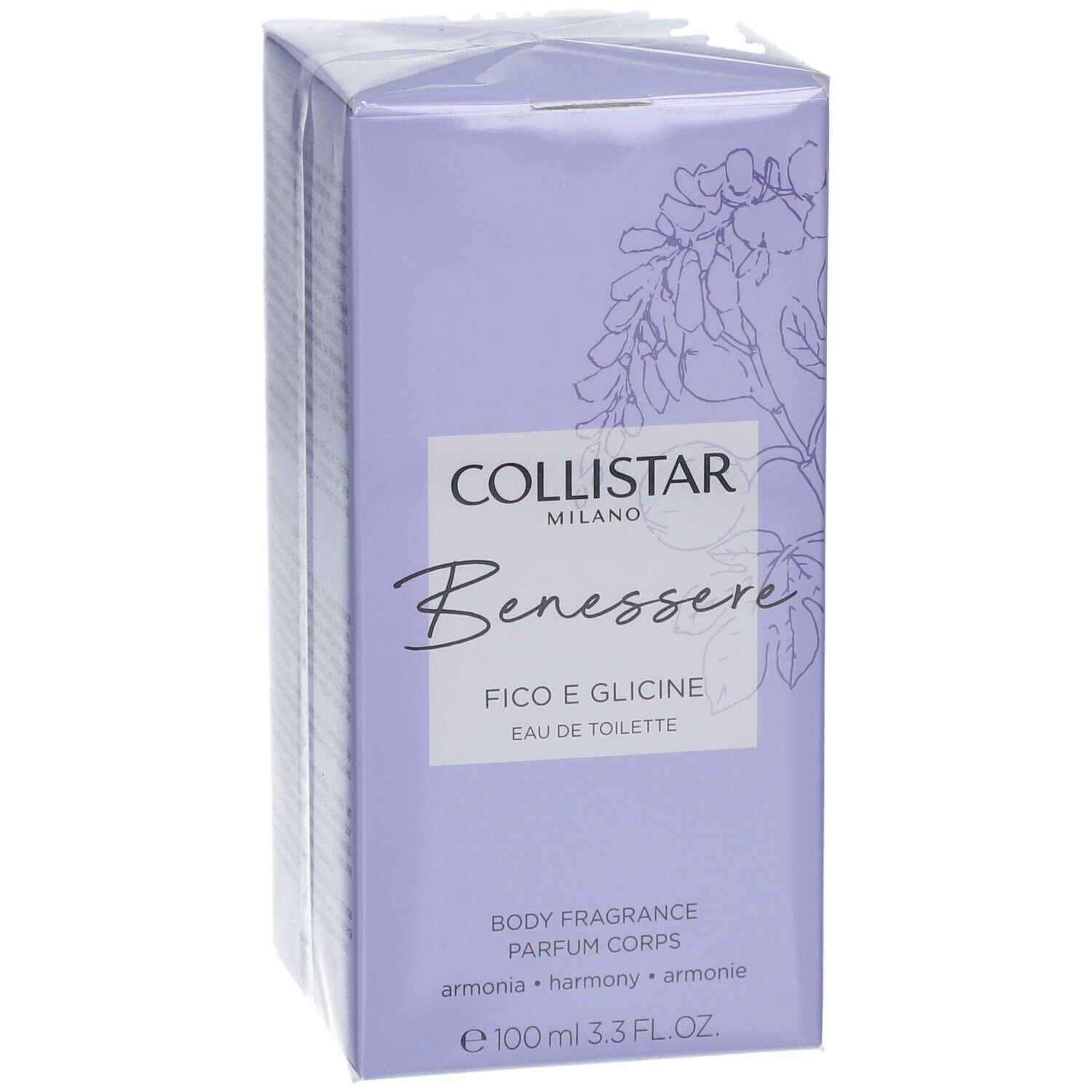 Helllila Collistar-Verpackung. Text: Benessere, Fico e Glicine, Eau de Toilette. 100 ml. Floral-Grafik.