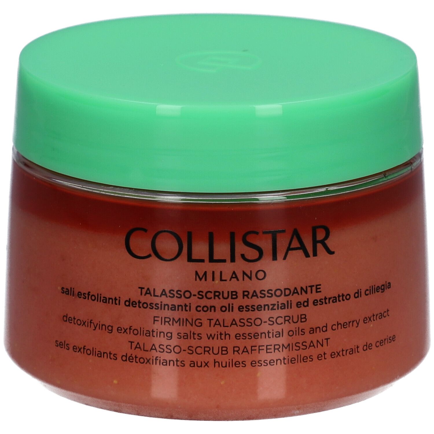 Runde Dose mit grünem Deckel. Aufschrift: COLLISTAR MILANO. Text: TALASSO-SCRUB RASSODANTE.