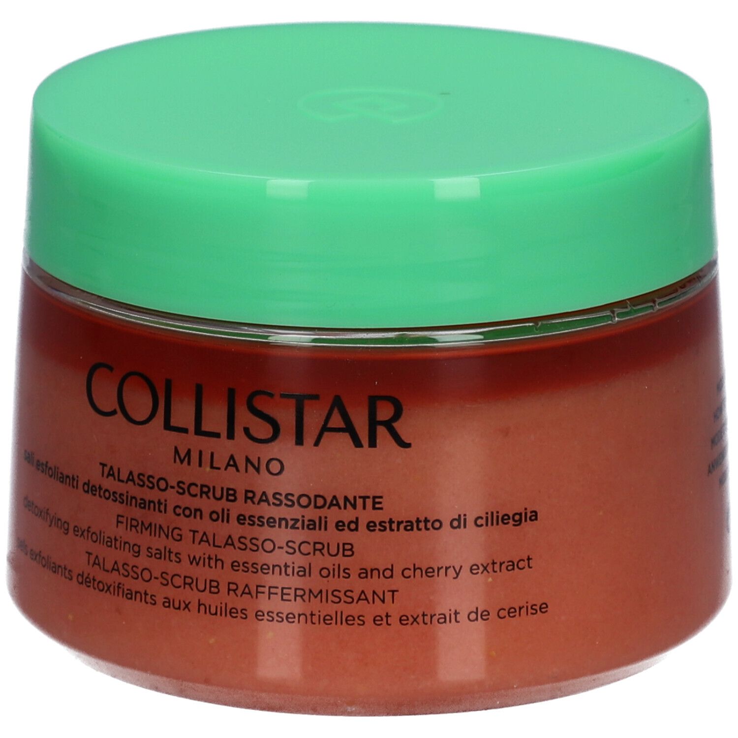Runde Dose mit grünem Deckel. Aufschrift: COLLISTAR MILANO. Text: TALASSO-SCRUB RASSODANTE.