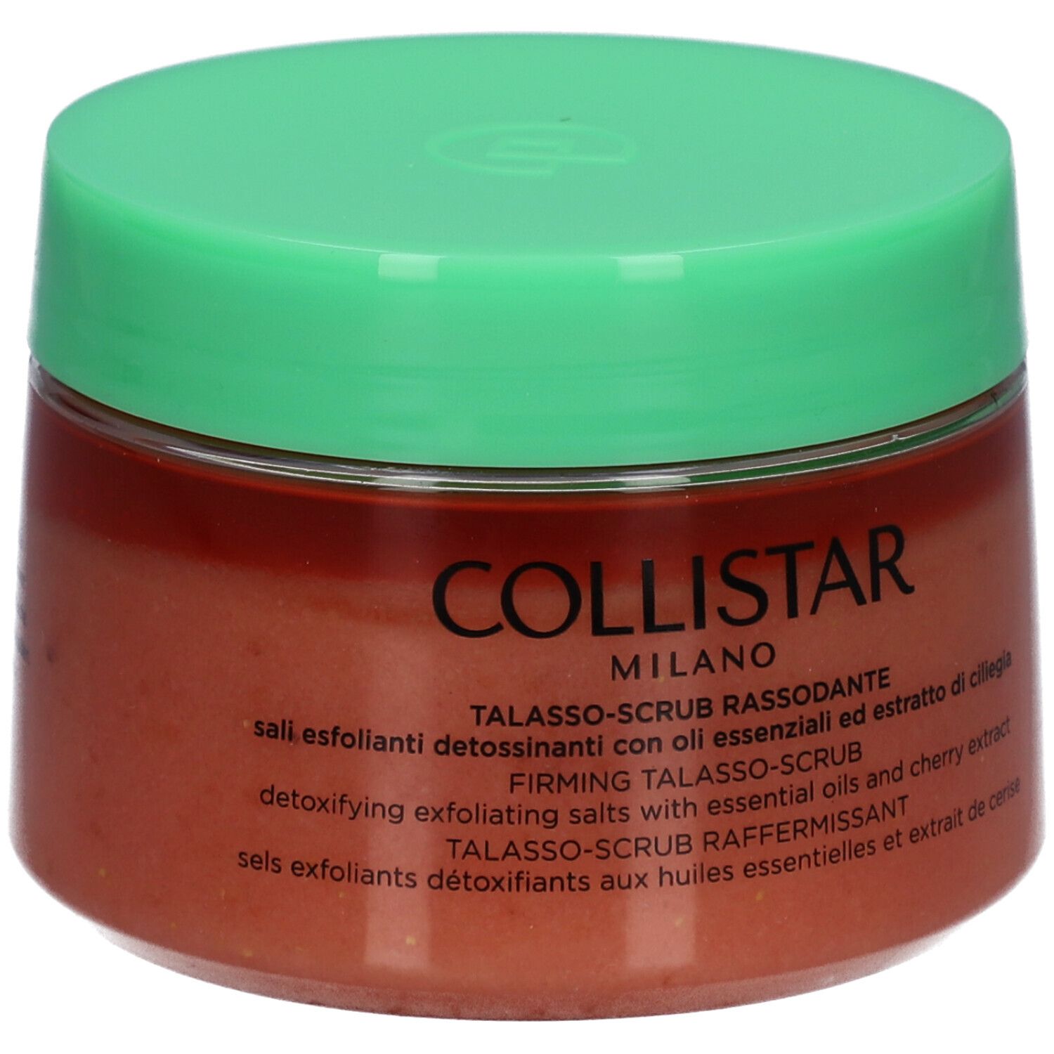 Runde Dose mit grünem Deckel. Aufschrift: COLLISTAR MILANO. Text: TALASSO-SCRUB RASSODANTE.
