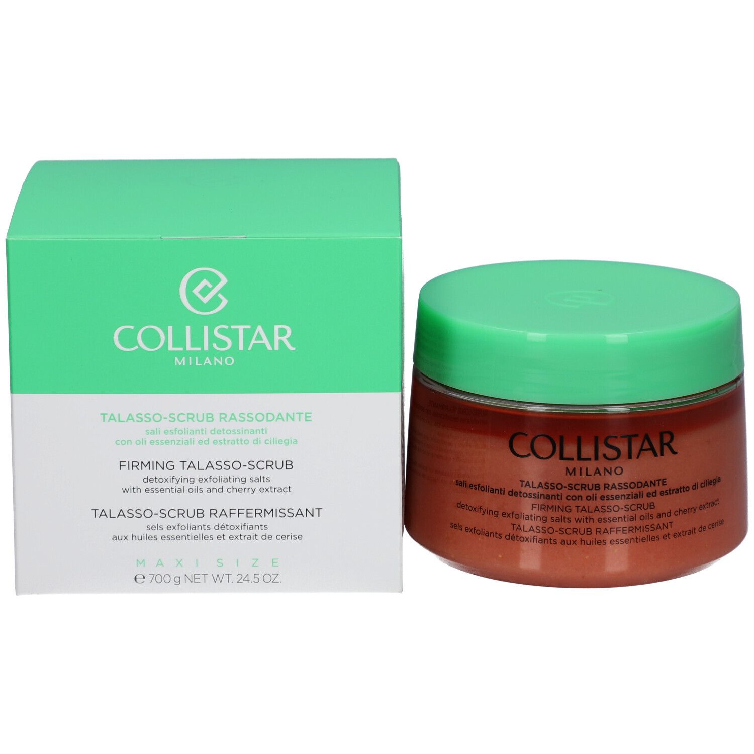 Produktverpackung: Dose und Schachtel. Dose mit grünem Deckel. Aufschrift: COLLISTAR MILANO.